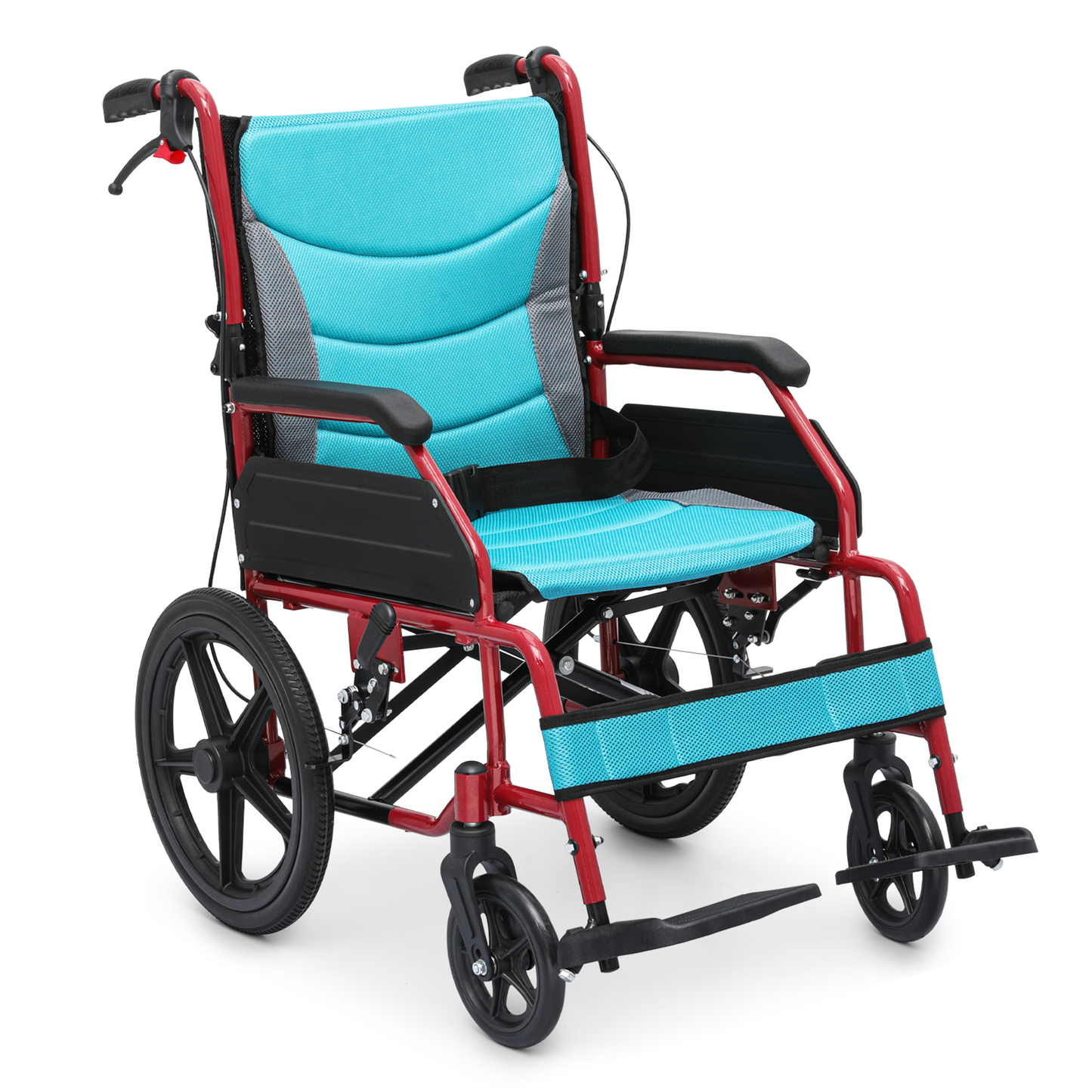 Transport Wheelchair - with Handbrake, Cushion - Red