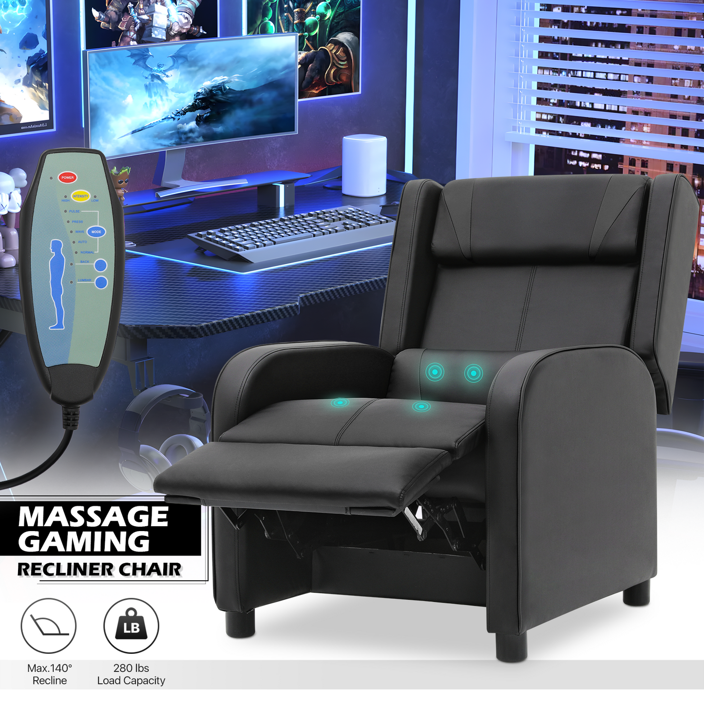 Massage Single Sofa - Reclinable Gaming Chair - PU Leather Seat