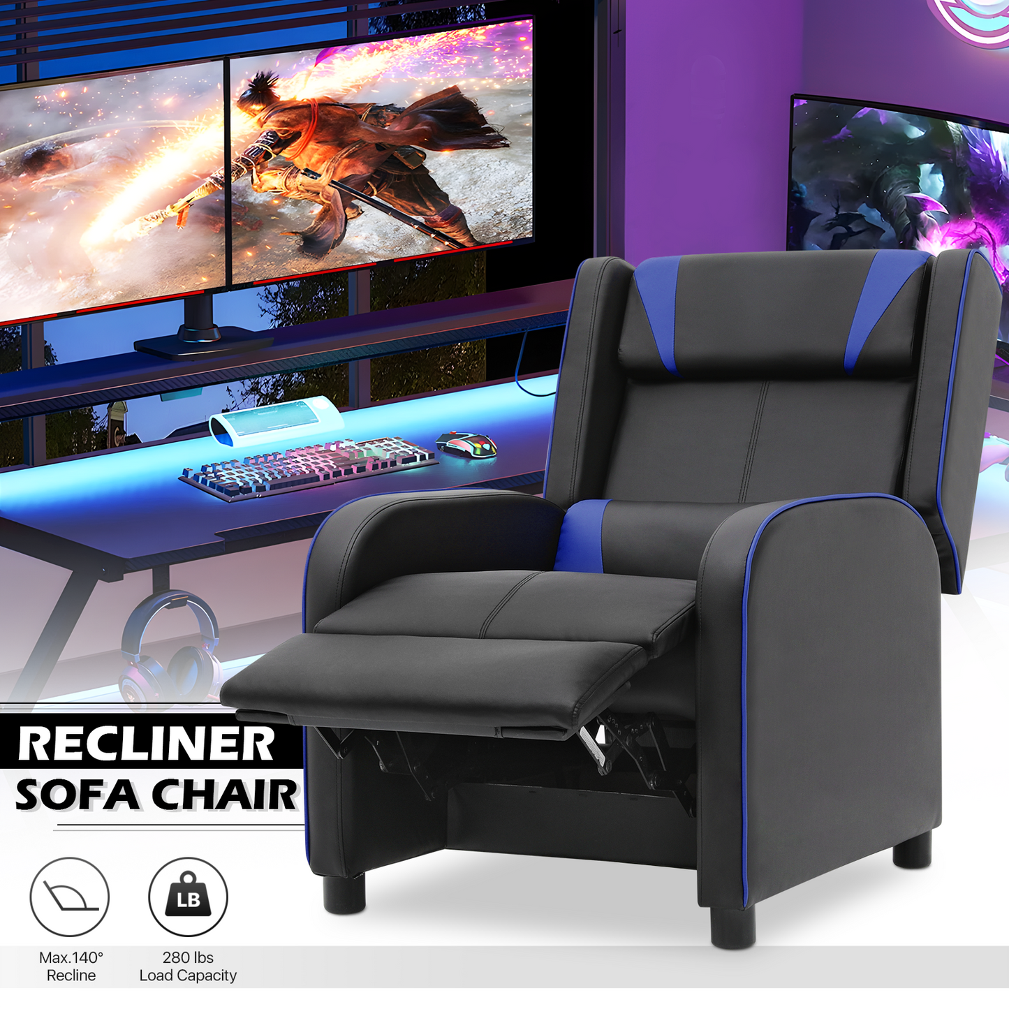 Single Sofa - Reclinable Gaming Chair - PU Leather Seat