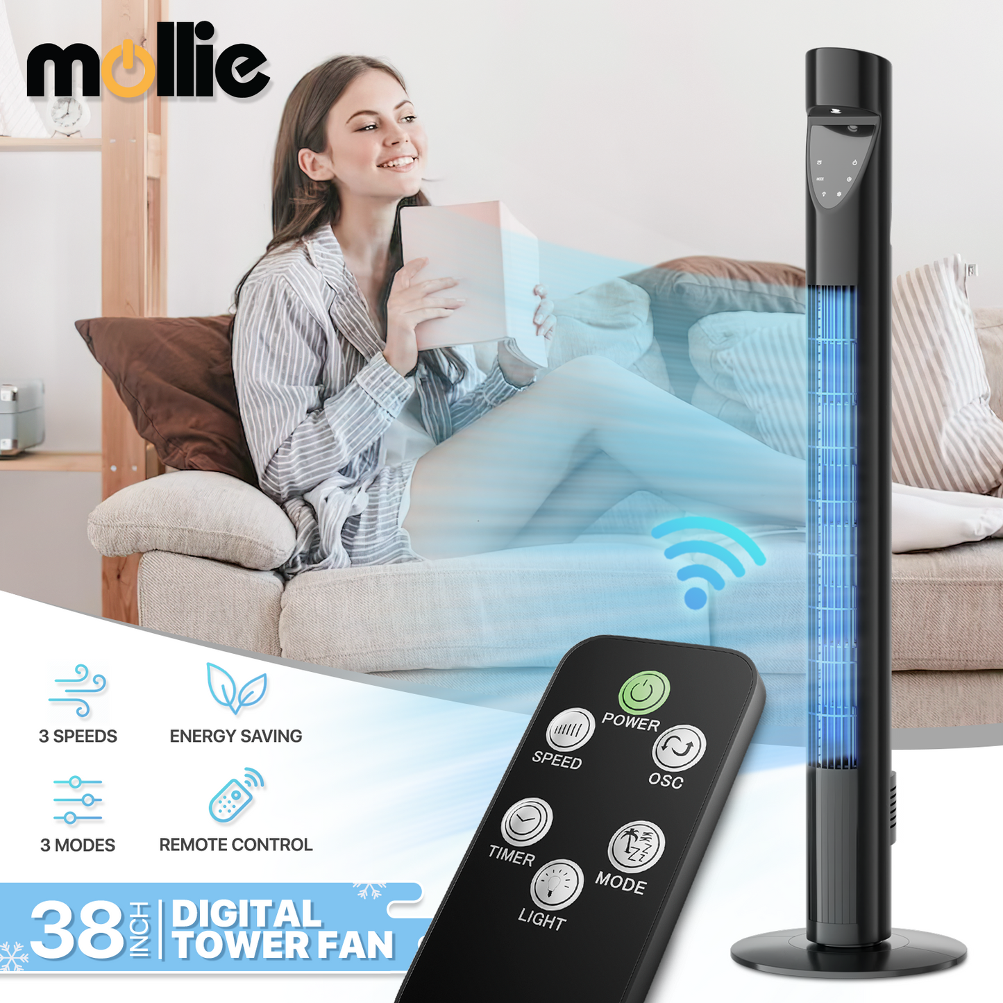 38" Tower fan 3 Speed - Room Temperature Display - Touch Screen Control - LED Down Light