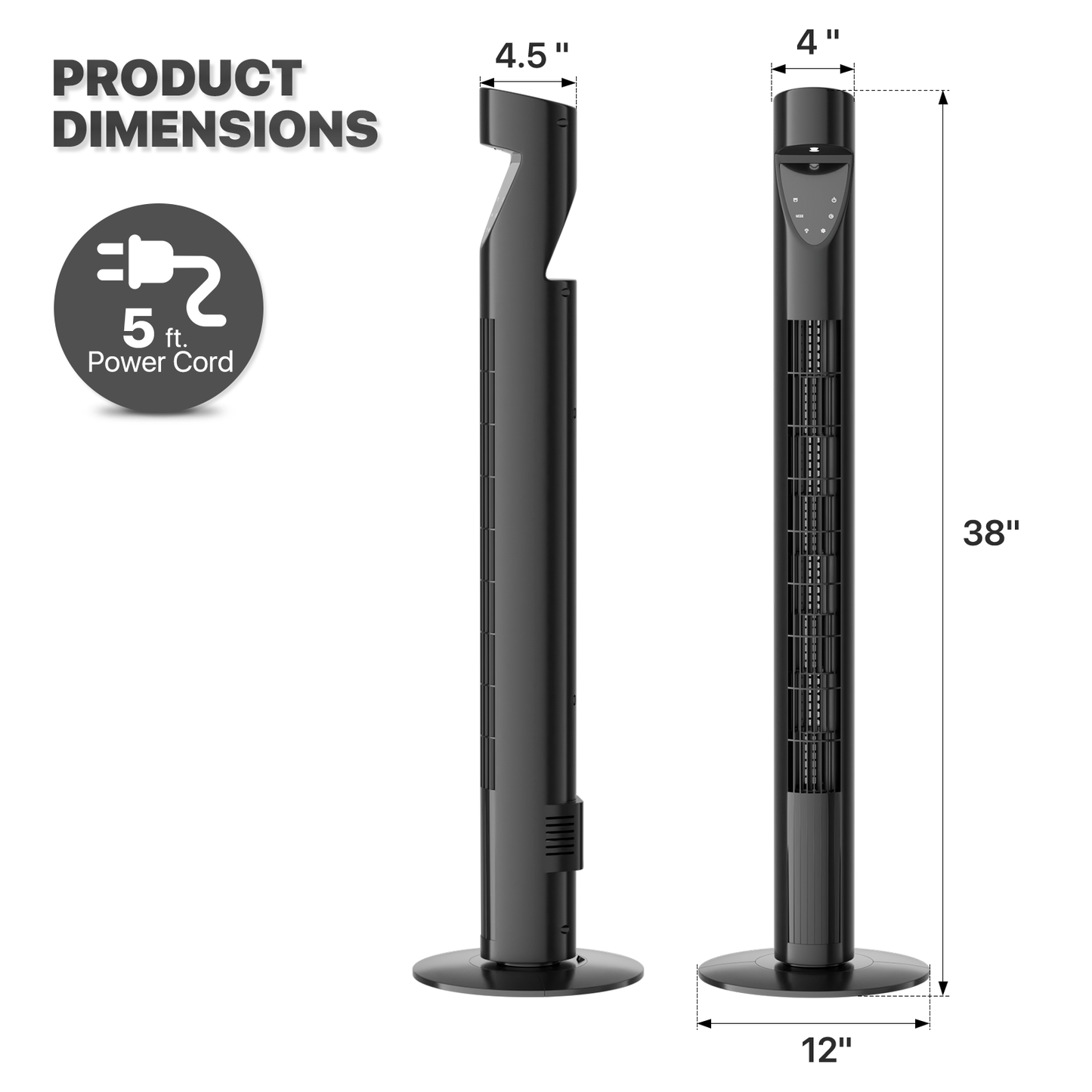38" Tower fan 3 Speed - Room Temperature Display - Touch Screen Control - LED Down Light