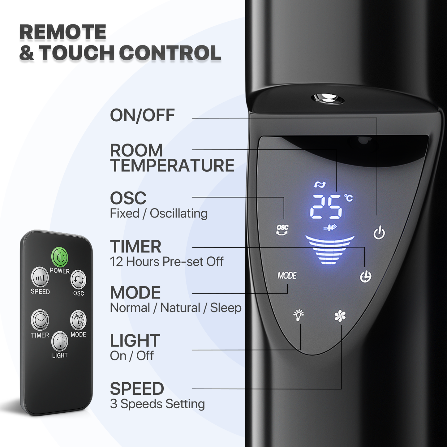 38" Tower fan 3 Speed - Room Temperature Display - Touch Screen Control - LED Down Light