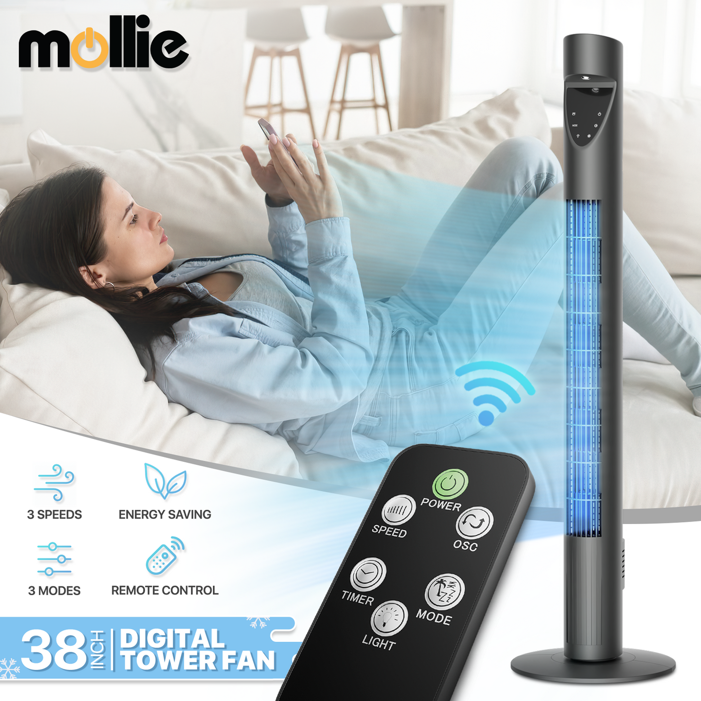 38" Tower fan 3 Speed - Room Temperature Display - Touch Screen Control - LED Down Light