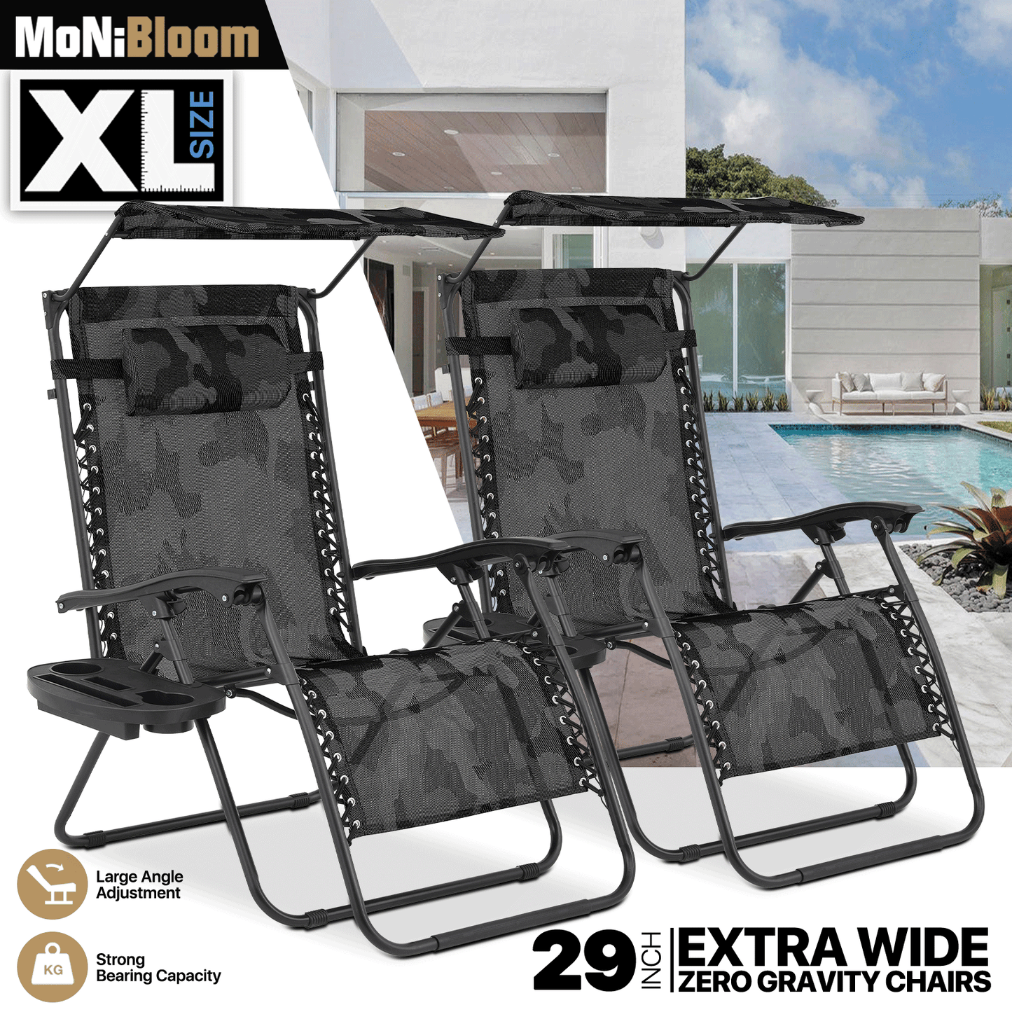 2 Pieces Adjustable Lounge Chair - 29" Seat Width - w/ Canopy & Tray & Headrest