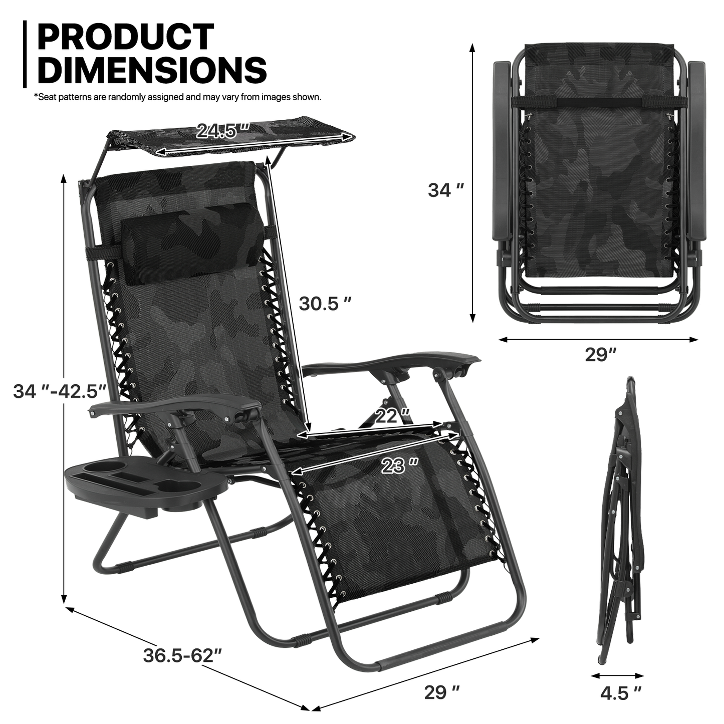 2 Pieces Adjustable Lounge Chair - 29" Seat Width - w/ Canopy & Tray & Headrest