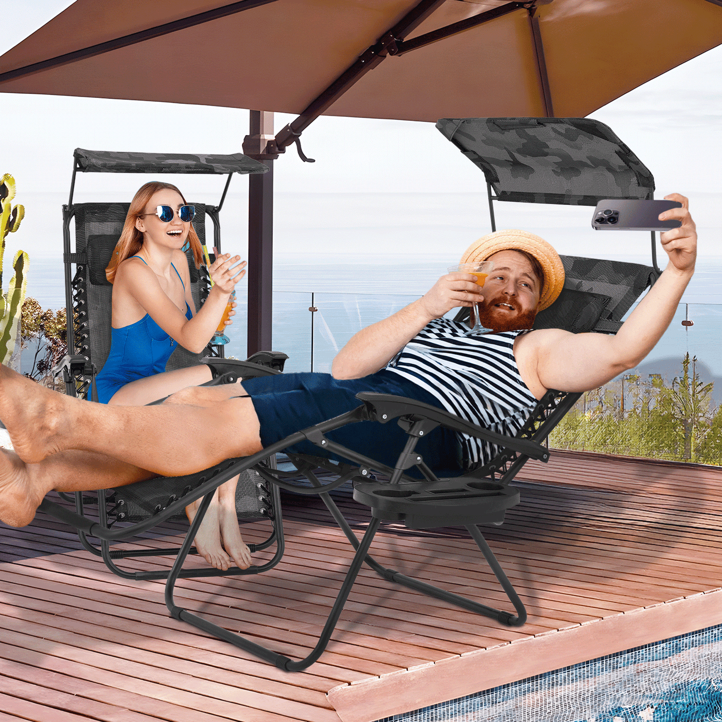 2 Pieces Adjustable Lounge Chair - 29" Seat Width - w/ Canopy & Tray & Headrest