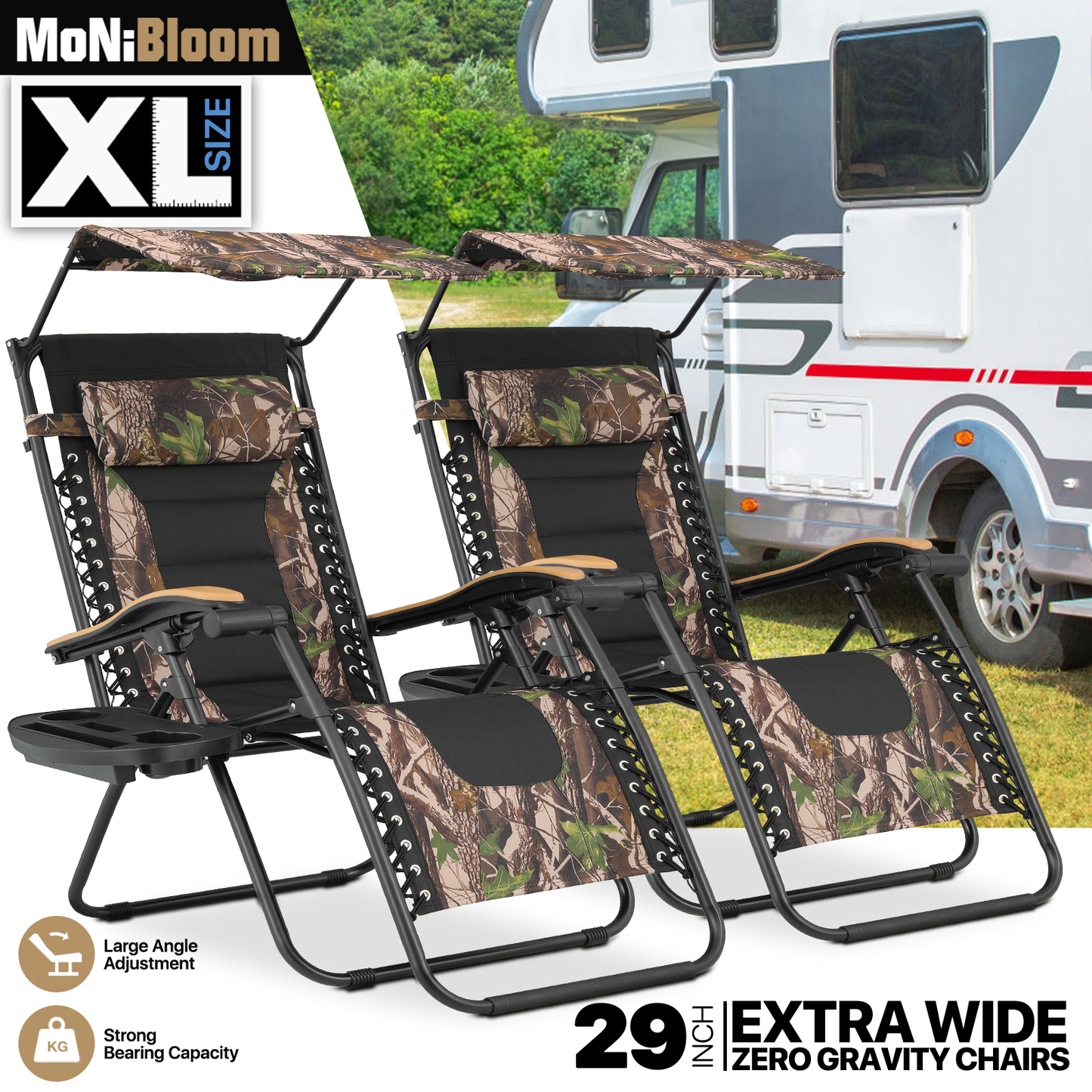 2 Pieces Adjustable Lounge Chair - 29" Seat Width - w/ Canopy & Tray & Headrest