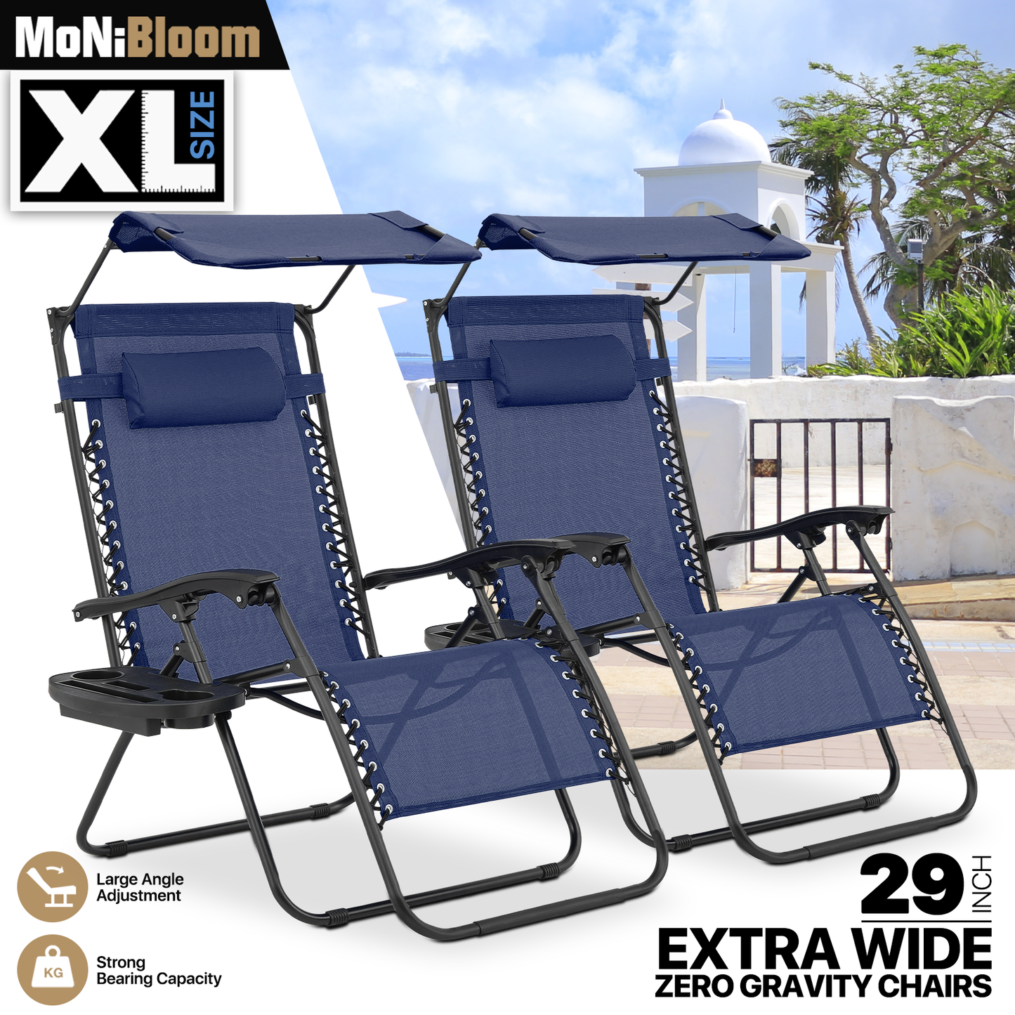 2 Pieces Adjustable Lounge Chair - 29" Seat Width - w/ Canopy & Tray & Headrest