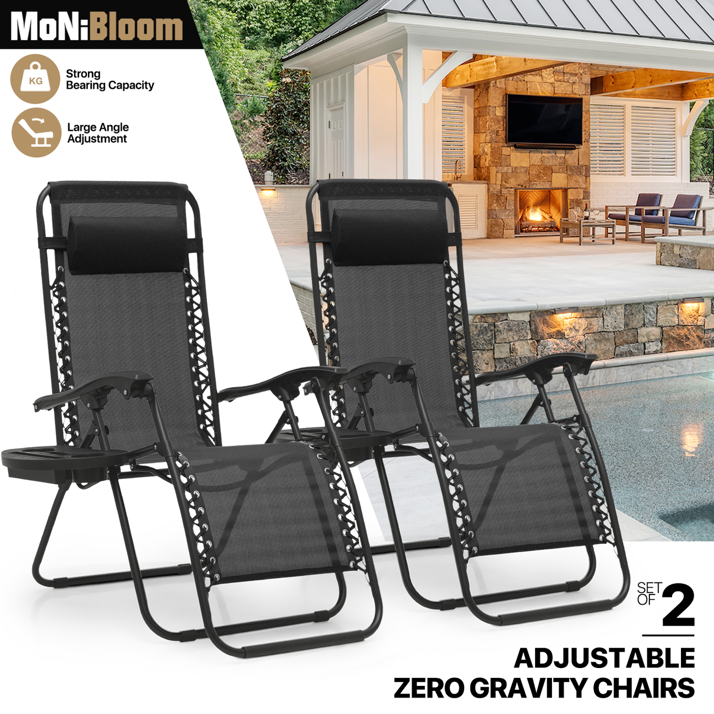 Set of 2 Zero Gravity Chair 20"x26"x43.5" - with Side Tray
