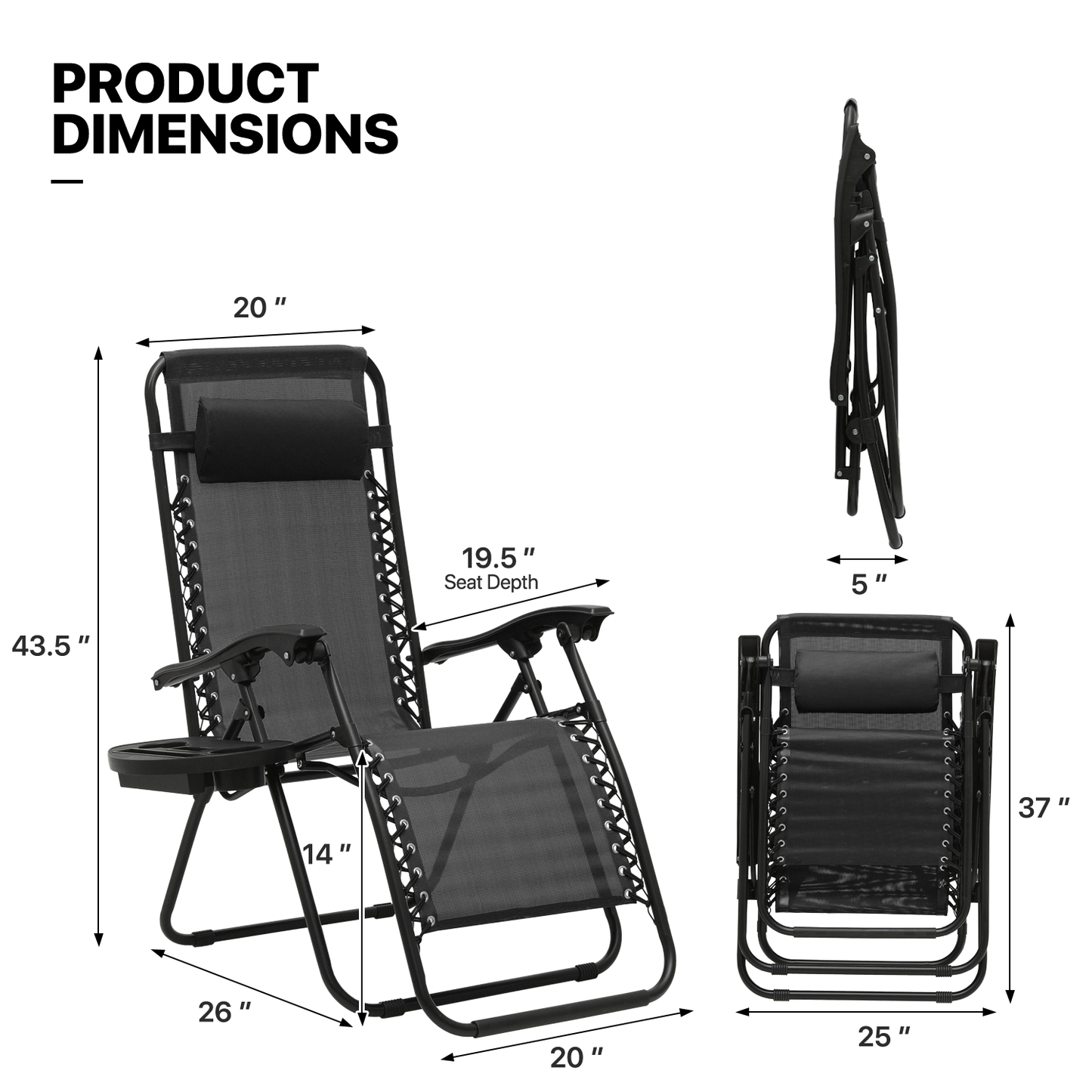 Set of 2 Zero Gravity Chair 20"x26"x43.5" - with Side Tray