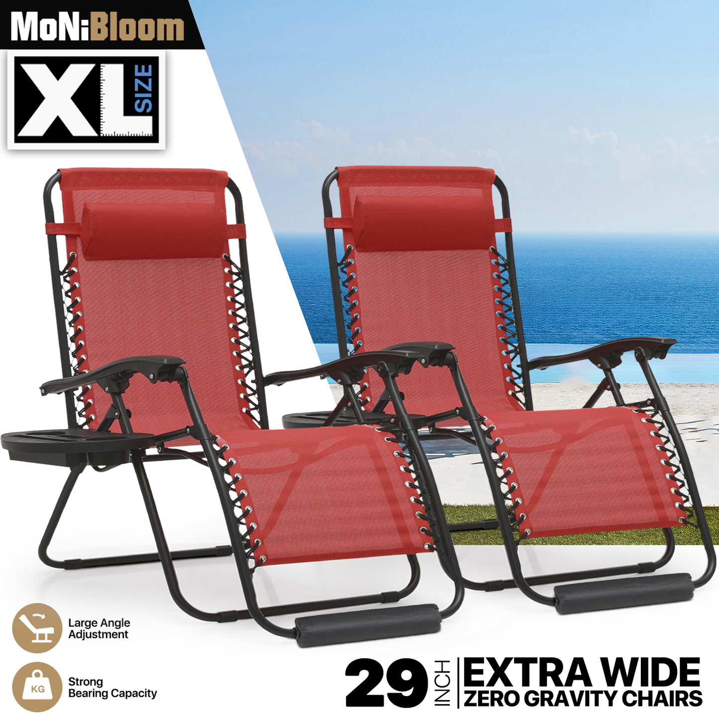 2 Pieces Lounge Chair - 29" Width Seat - 95°-140° Adjustable Backrest- w/Tray+Headrest+Foot Pad