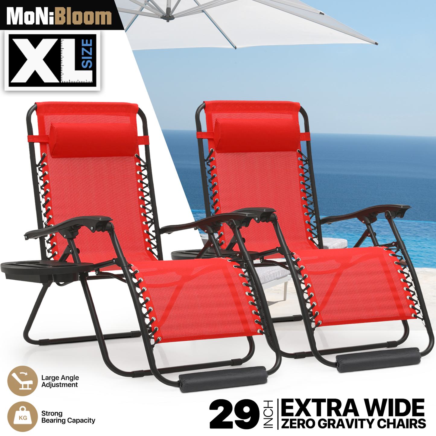 2 Pieces Lounge Chair - 29" Width Seat - 95°-140° Adjustable Backrest- w/Tray+Headrest+Foot Pad