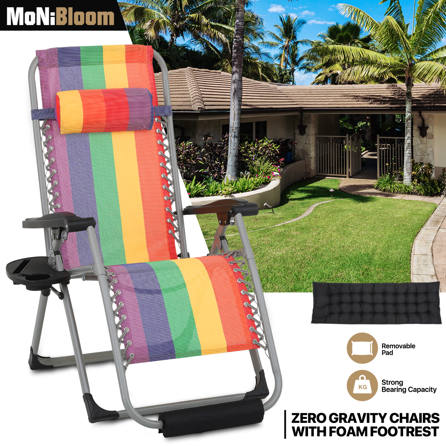 Adjustable Back Lounge Chair - w/Removable Pad+Headrest+Foot Pad