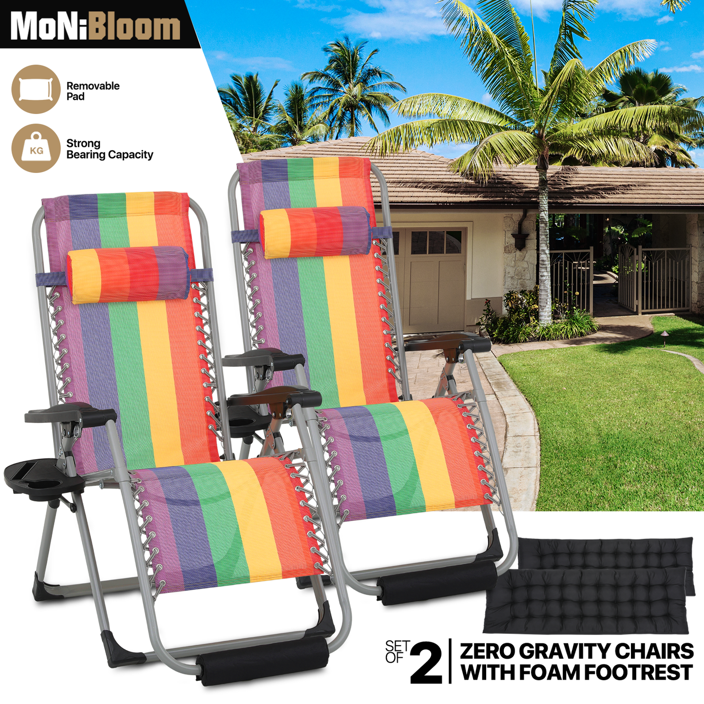 2 Pieces Adjustable Back Lounge Chair - w/Removable Pad+Headrest+Foot Pad