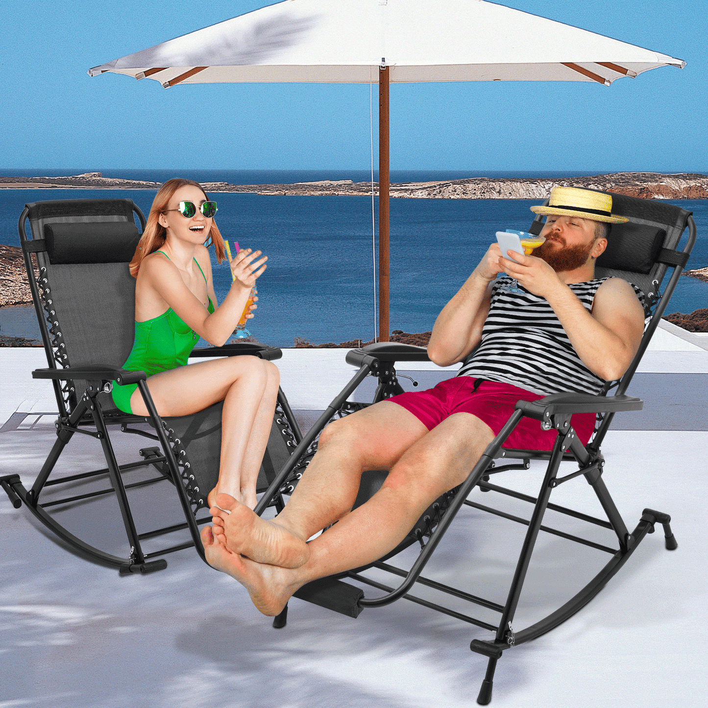 2 Pieces Rocking Lounge Chair - 29'' Seat Width - w/ Headrest & Foot Pads