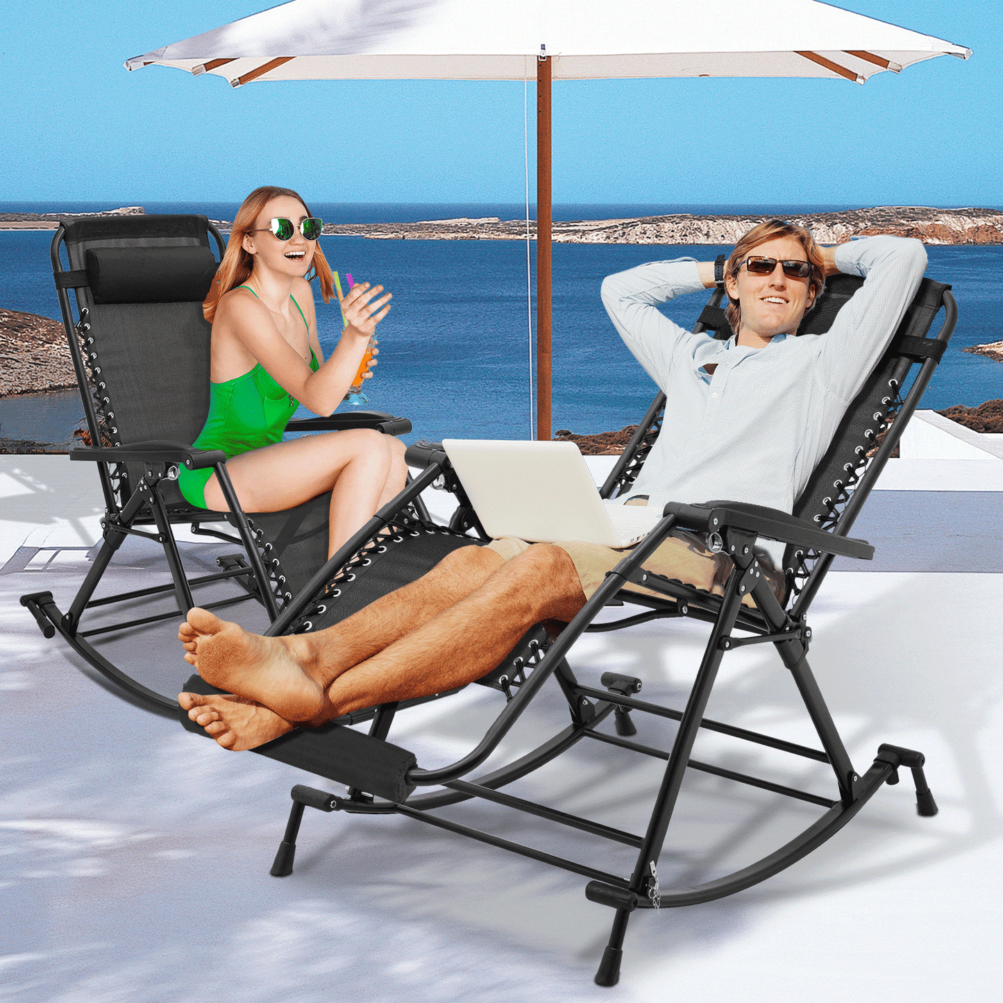 2 Pieces Rocking Lounge Chair - 27.5'' Seat Width - w/ Headrest & Foot Pads