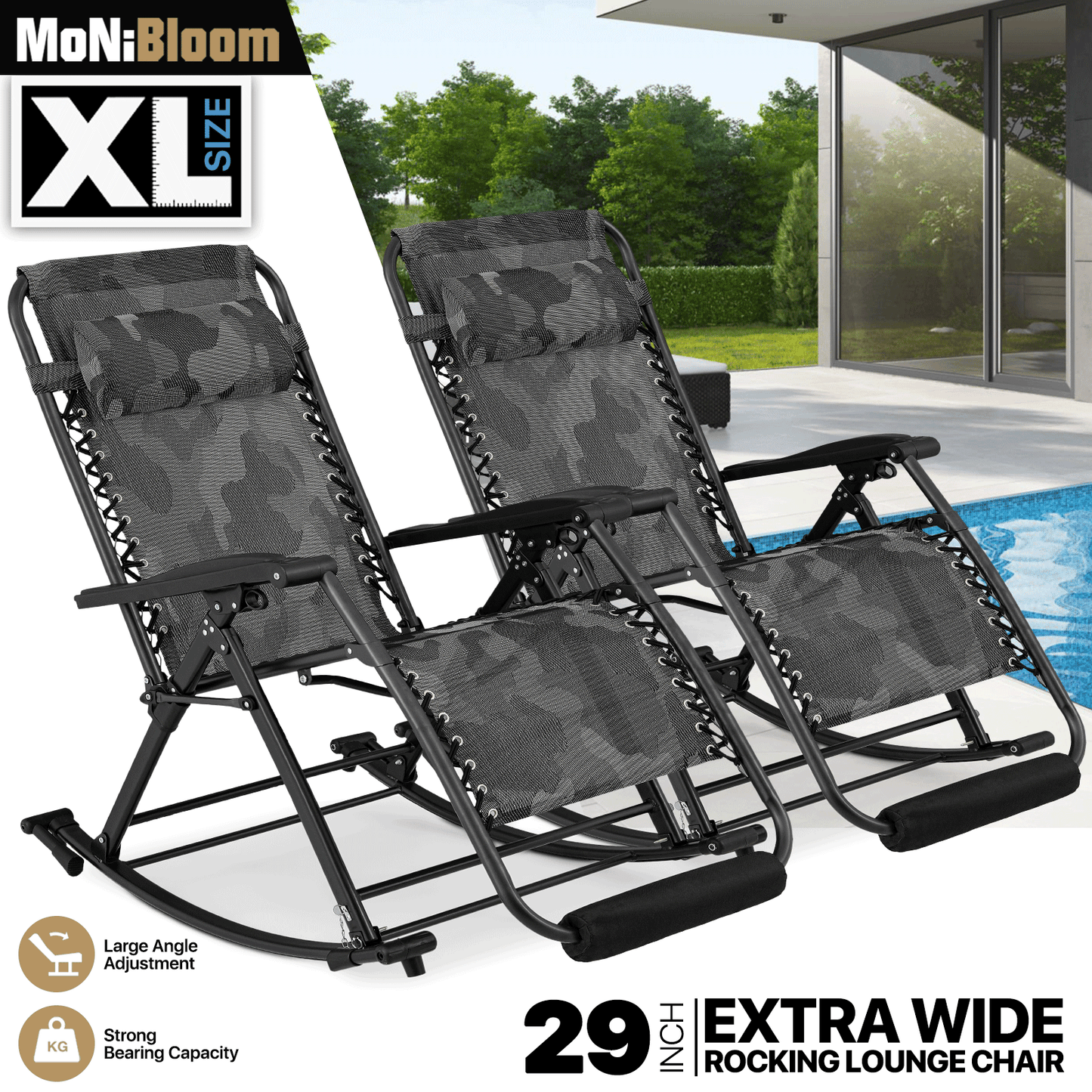 2 Pieces Rocking Lounge Chair - 29'' Seat Width - w/ Headrest & Foot Pads