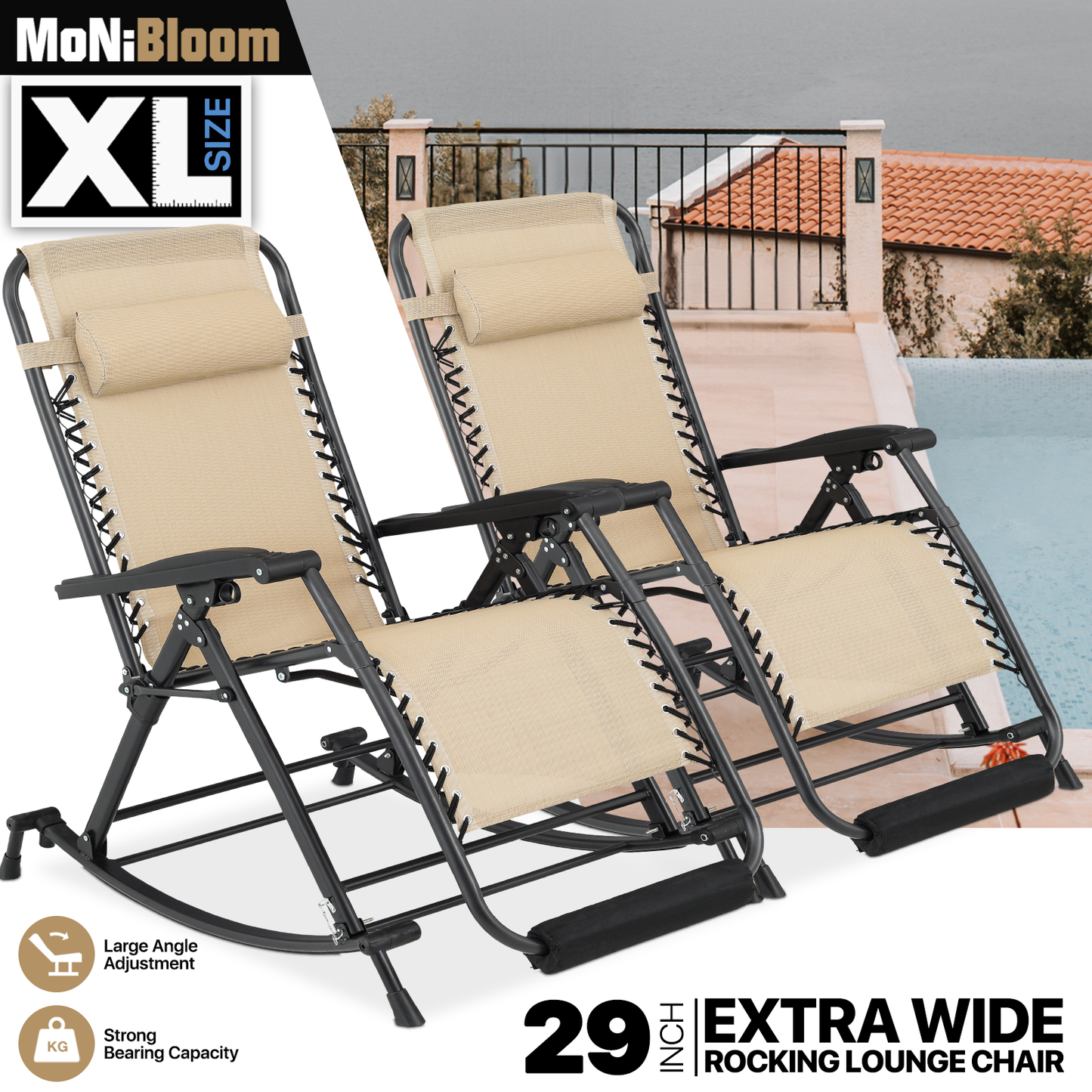 2 Pieces Rocking Lounge Chair - 29'' Seat Width - w/ Headrest & Foot Pads