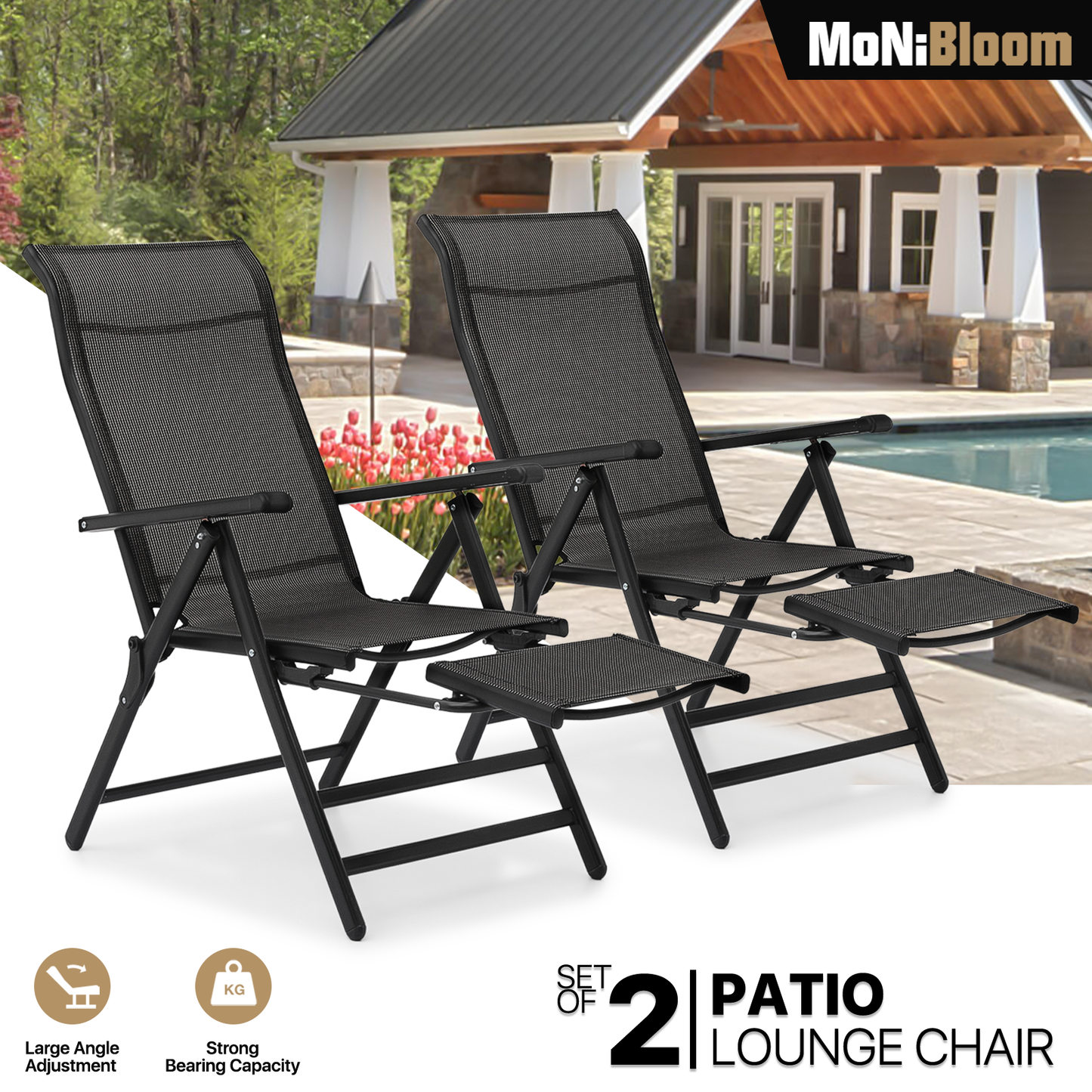 2 Pack Folding Lounge Chair - Retractable Footrest