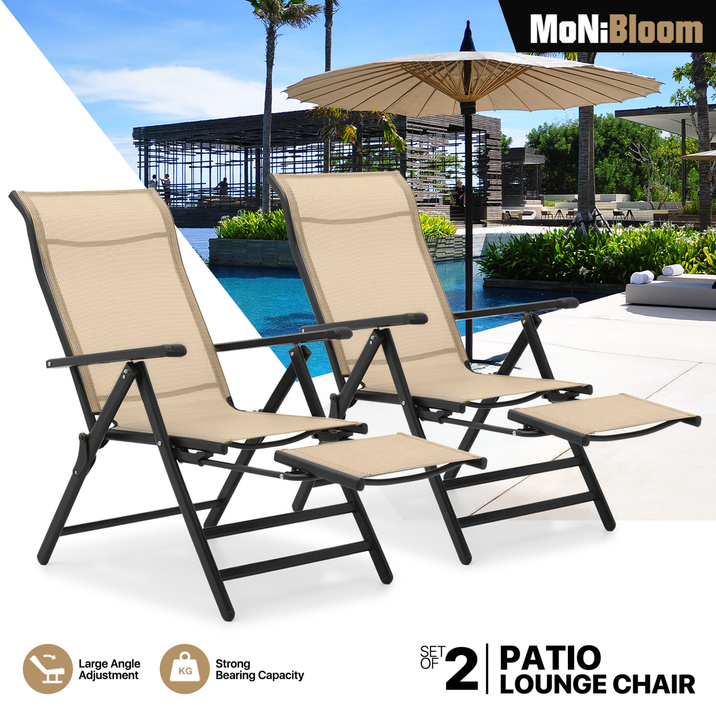 2 Pack Folding Lounge Chair - Retractable Footrest