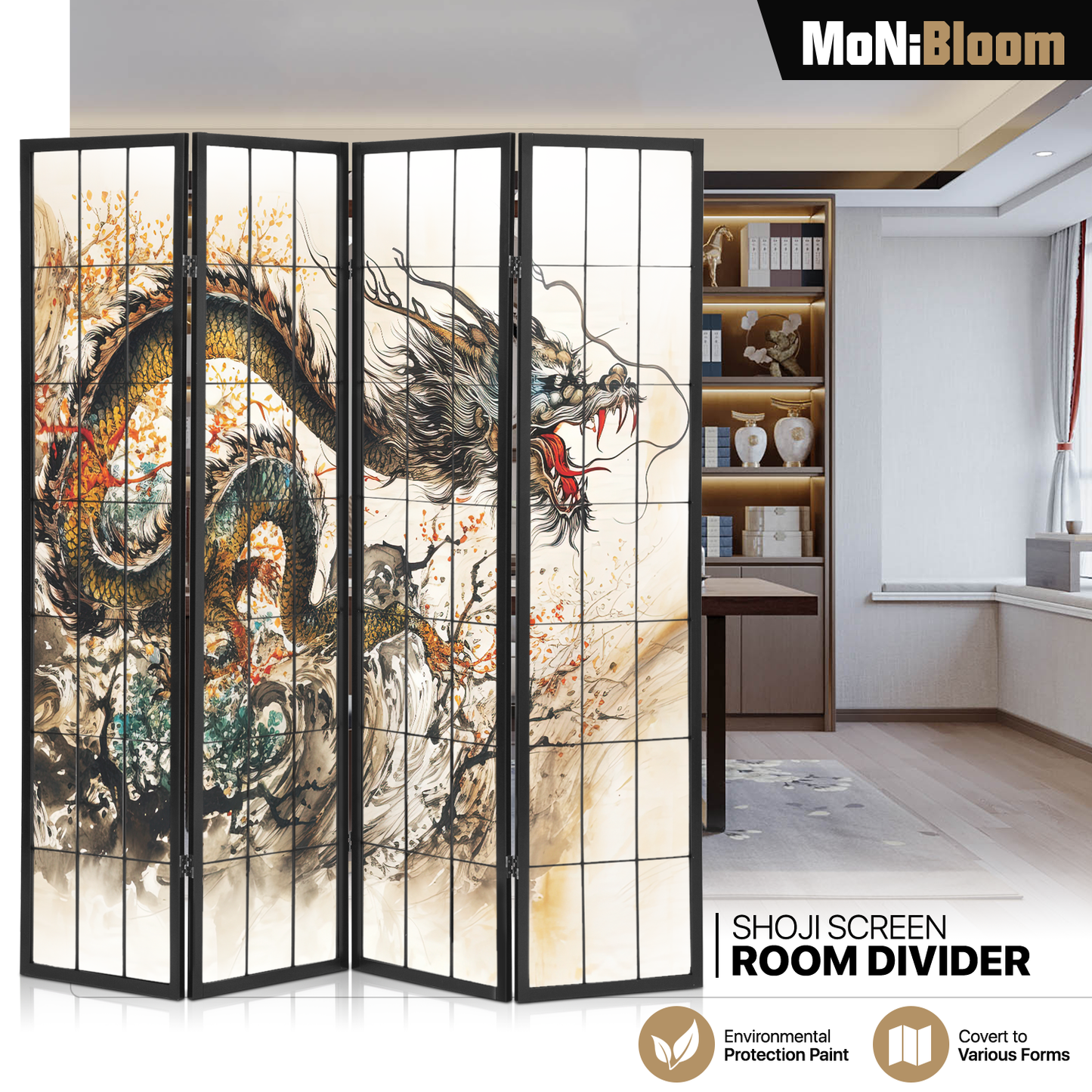 Foldable Room Divider - Dragon Pattern - 4 Panel