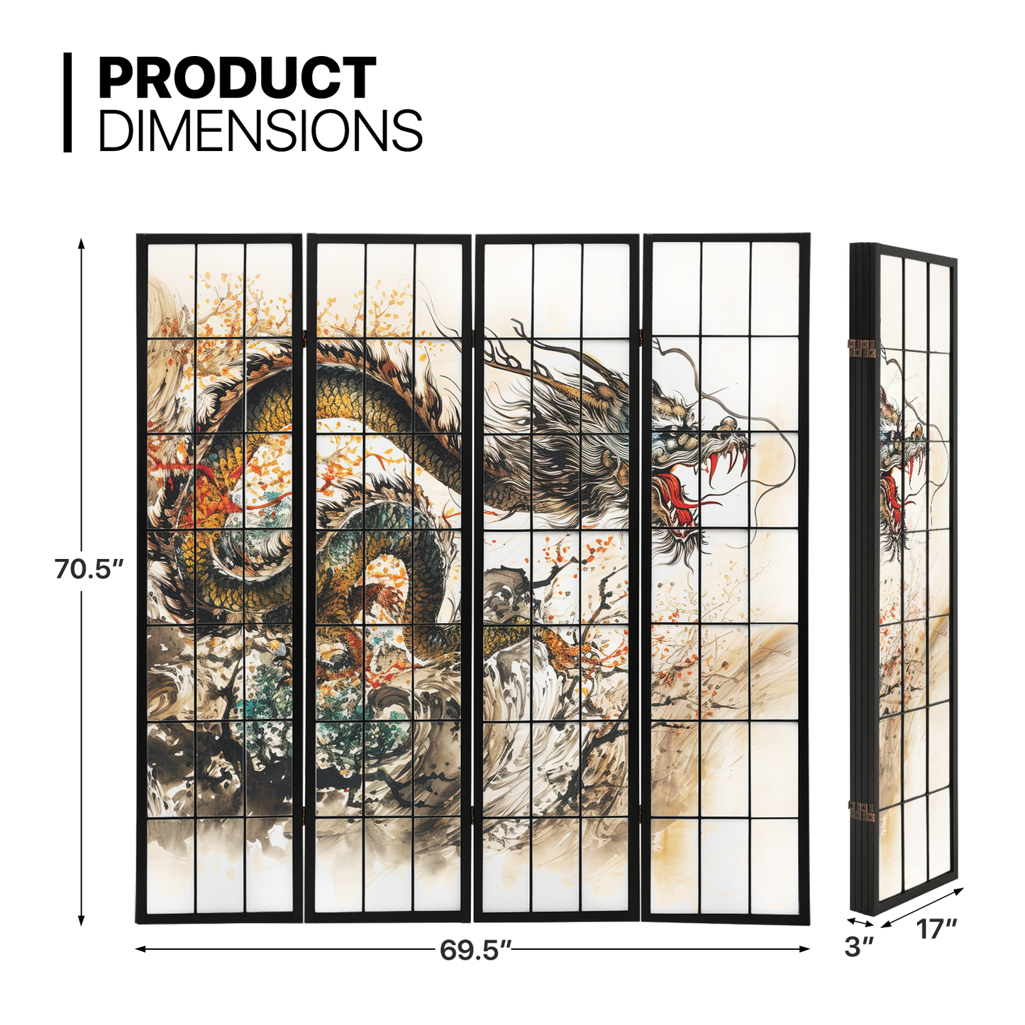 Foldable Room Divider - Dragon Pattern - 4 Panel