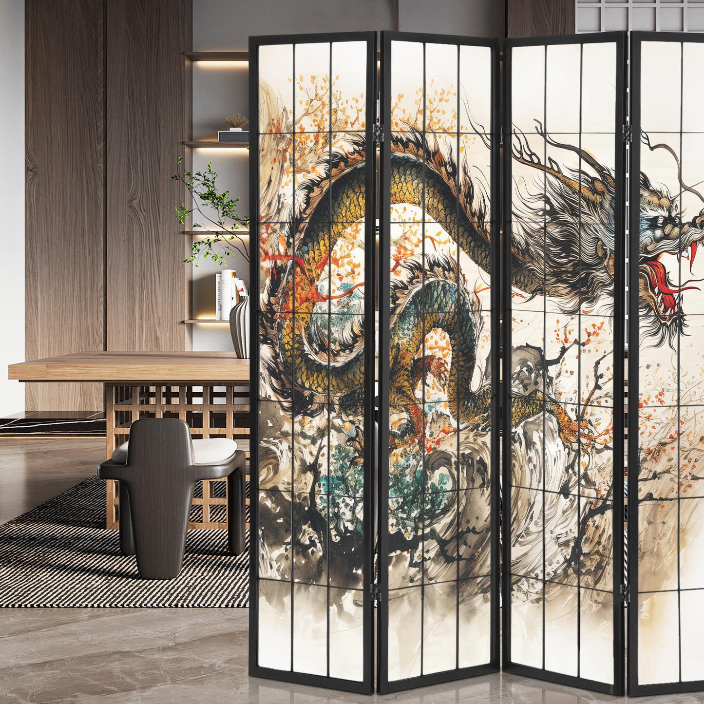 Foldable Room Divider - Dragon Pattern - 4 Panel