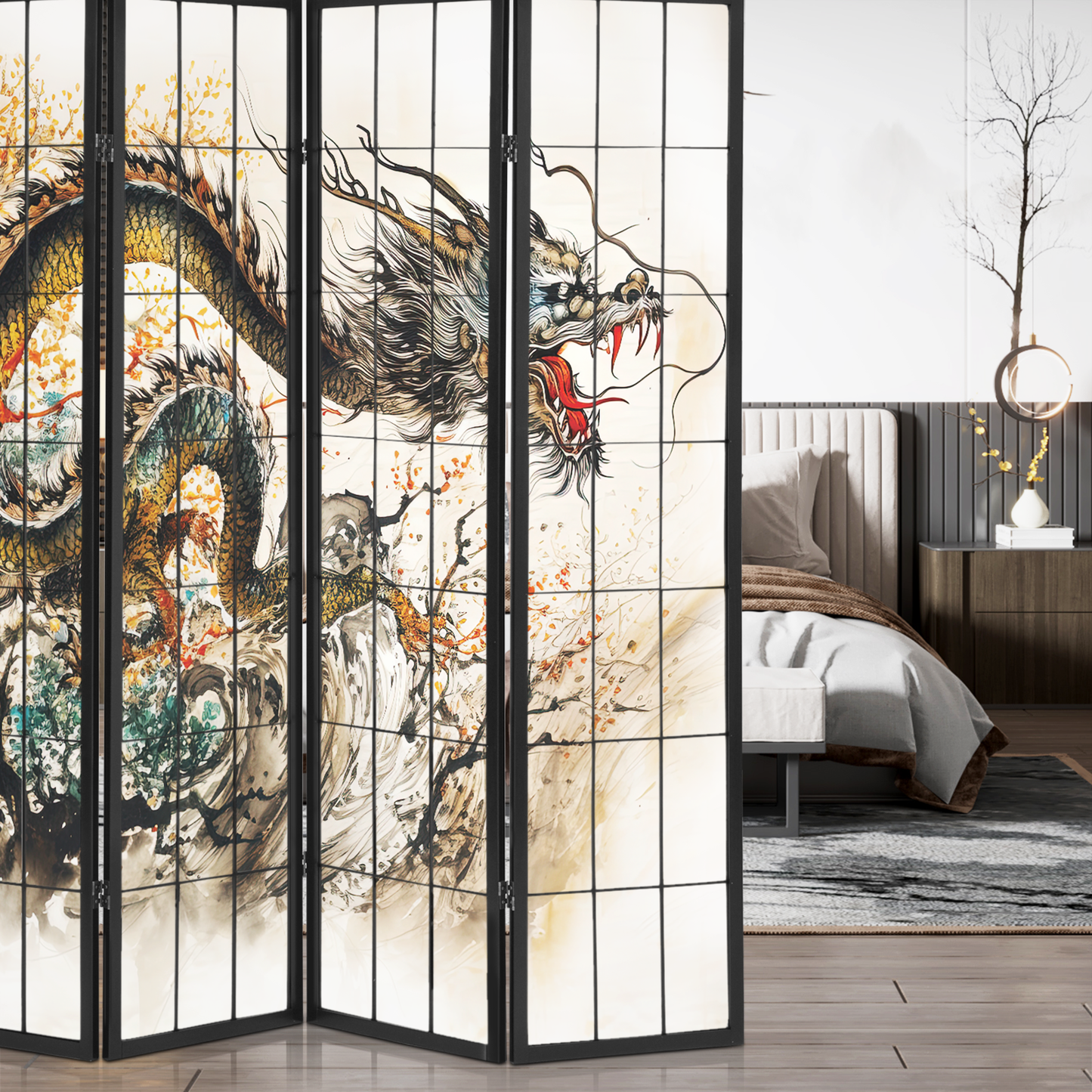 Foldable Room Divider - Dragon Pattern - 4 Panel