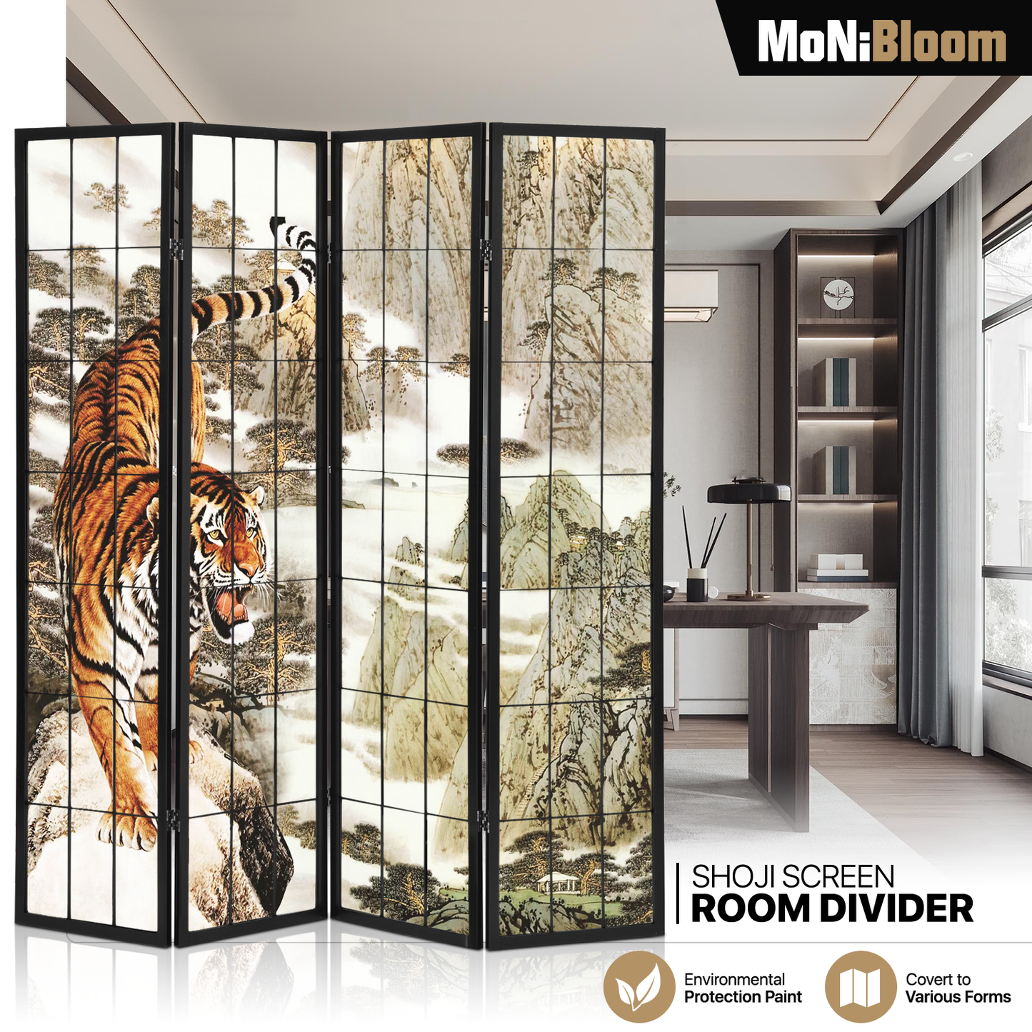 Foldable Room Divider - Tiger Pattern - 4 Panel