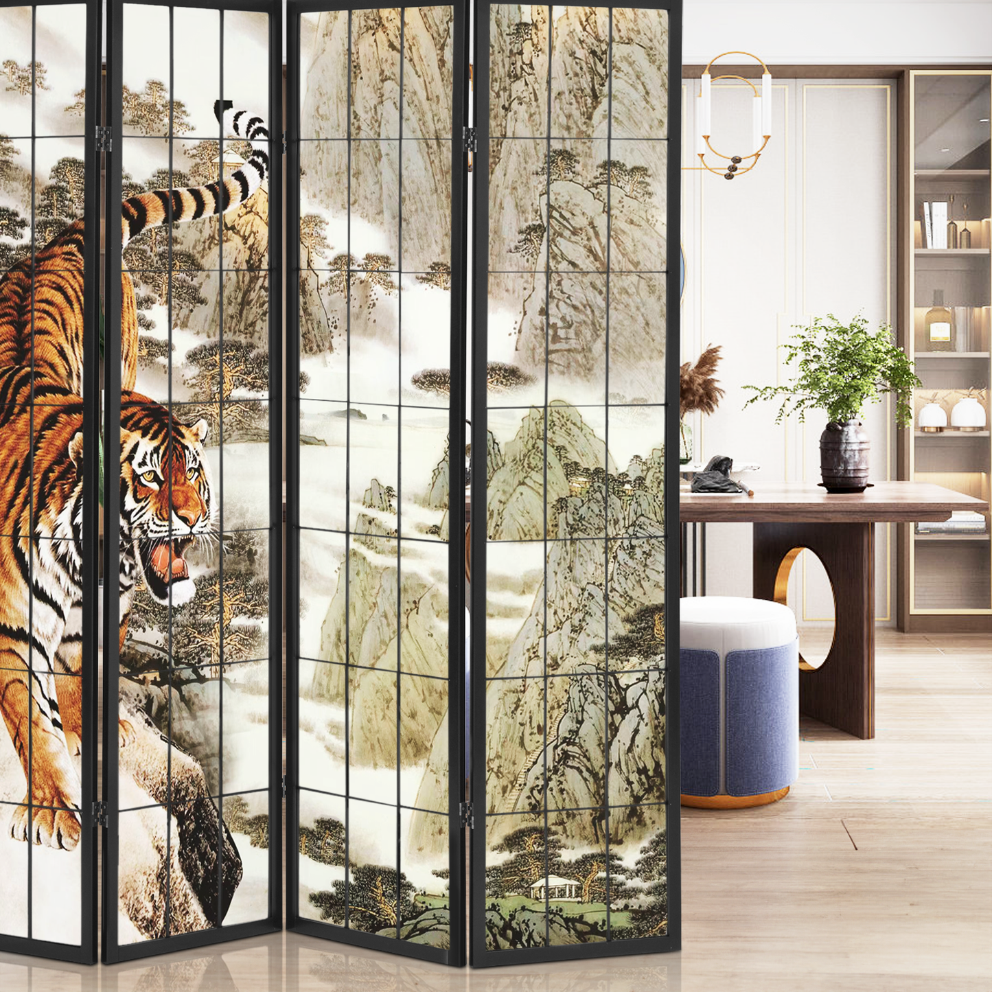 Foldable Room Divider - Tiger Pattern - 4 Panel