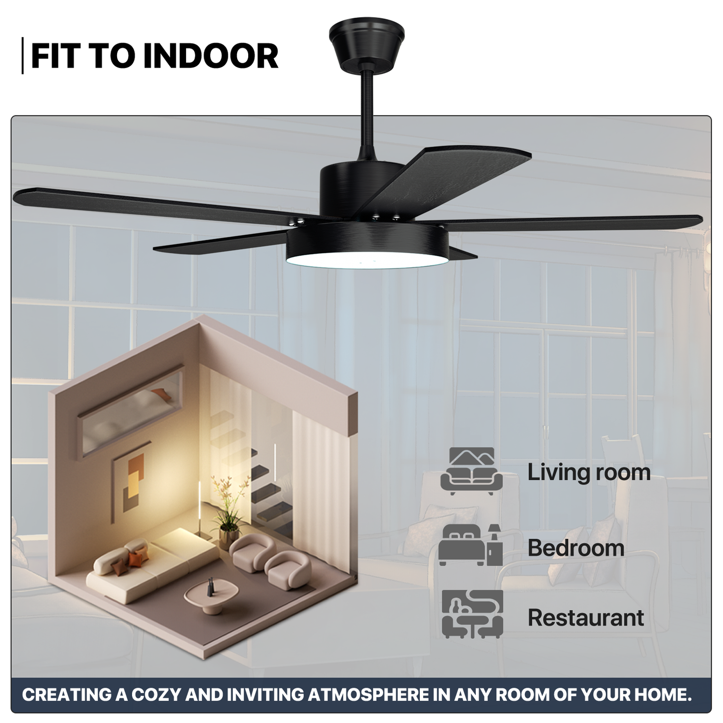 52" LED Ceiling Fan - 5 Blades - 3 Color Changing - 6 Speeds w/2 Down Rods