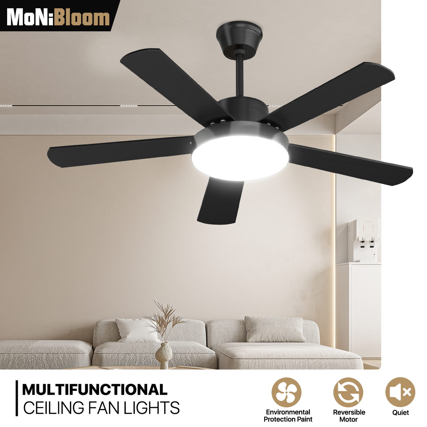 52" LED Ceiling Fan - 5 Blades - 3 Color Changing - 6 Speeds w/2 Down Rods