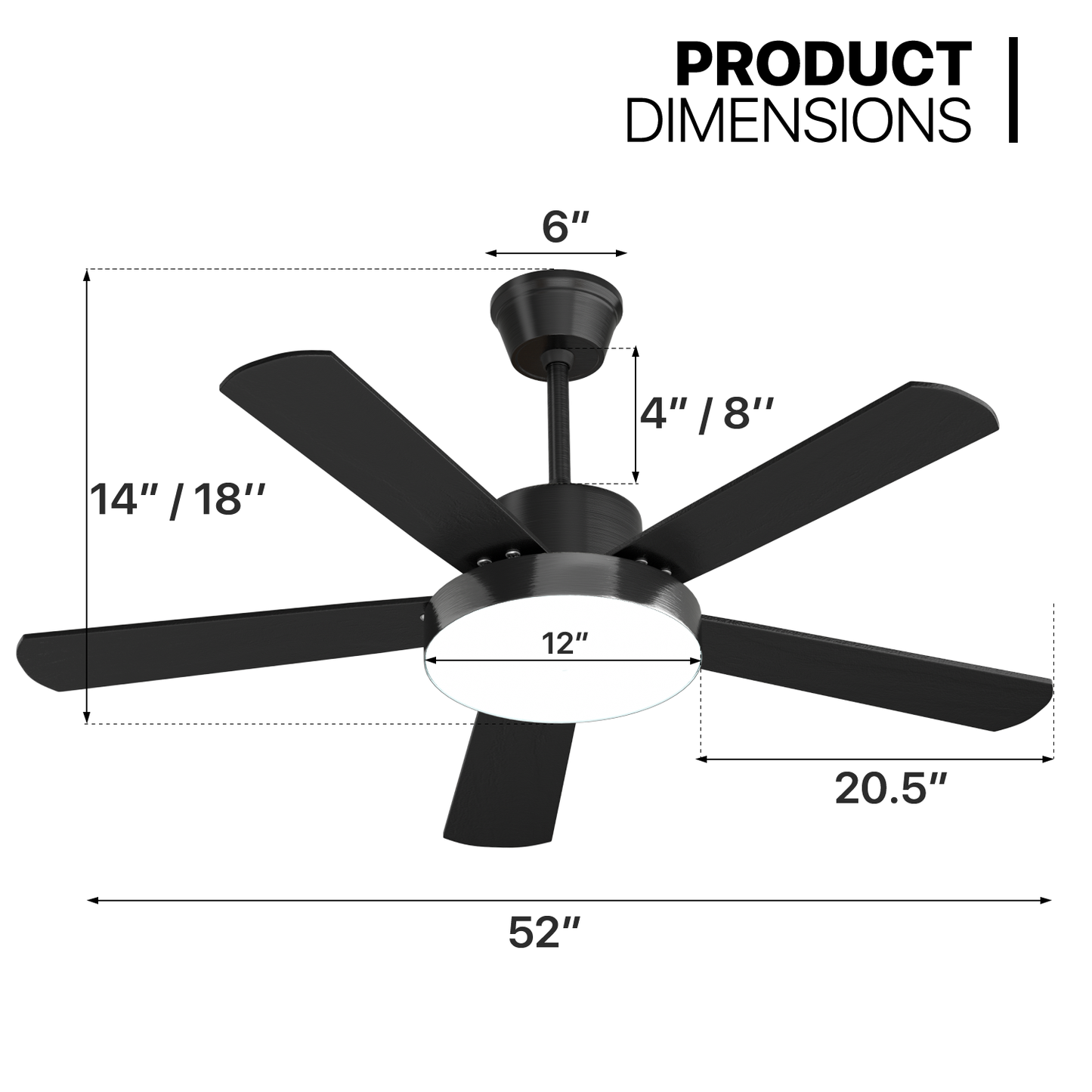 52" LED Ceiling Fan - 5 Blades - 3 Color Changing - 6 Speeds w/2 Down Rods