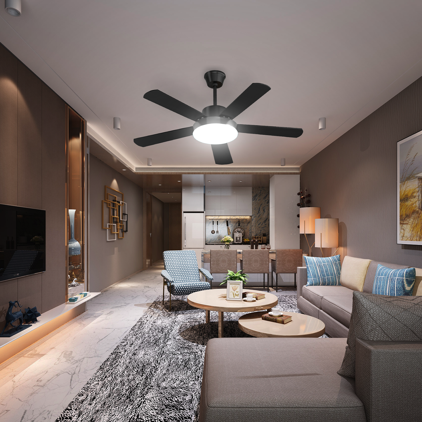52" LED Ceiling Fan - 5 Blades - 3 Color Changing - 6 Speeds w/2 Down Rods