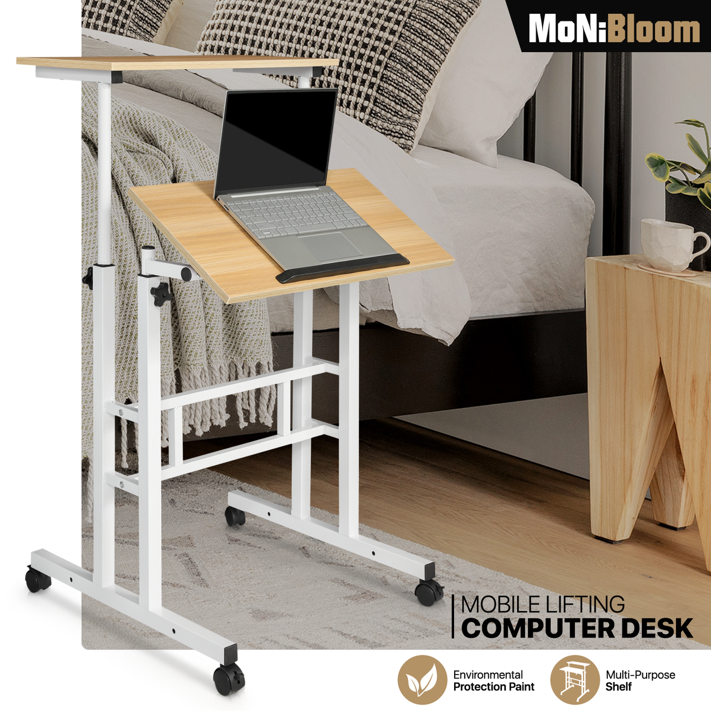Lifting Tilting Computer Desk w/Monitor Shelf Adjustable Height 28" to 46"