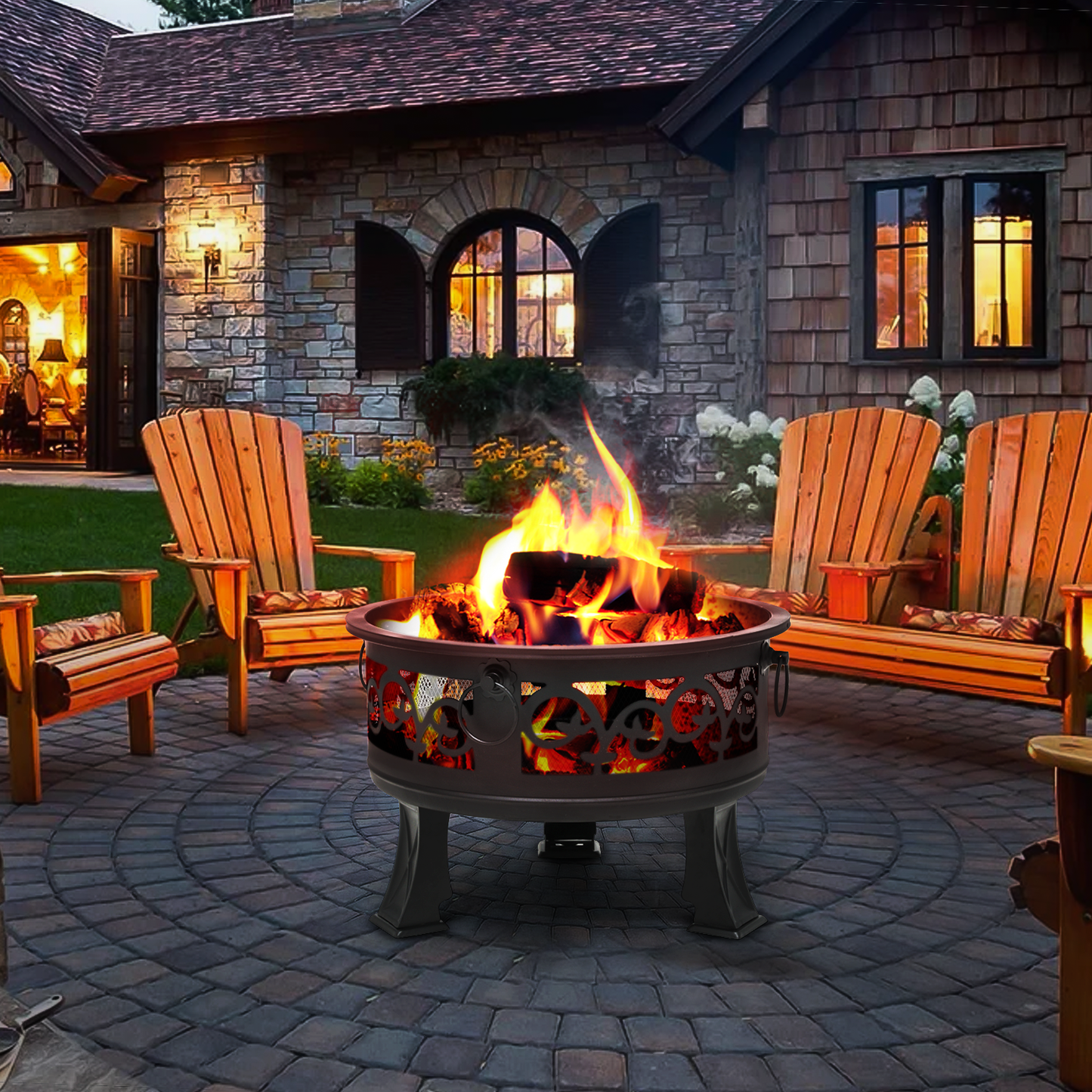 26" Floral Pattern Round Fire Pit w/Poker & Spark Screen