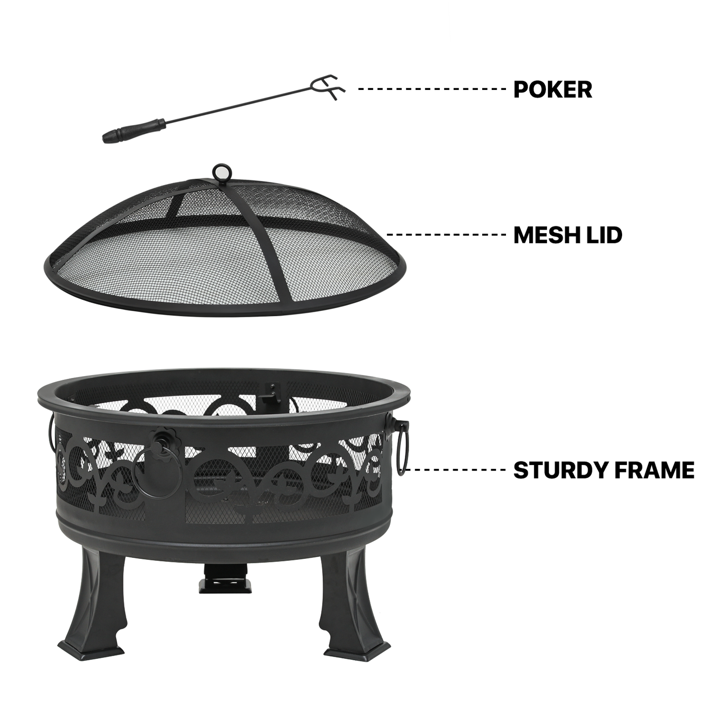 26" Floral Pattern Round Fire Pit w/Poker & Spark Screen