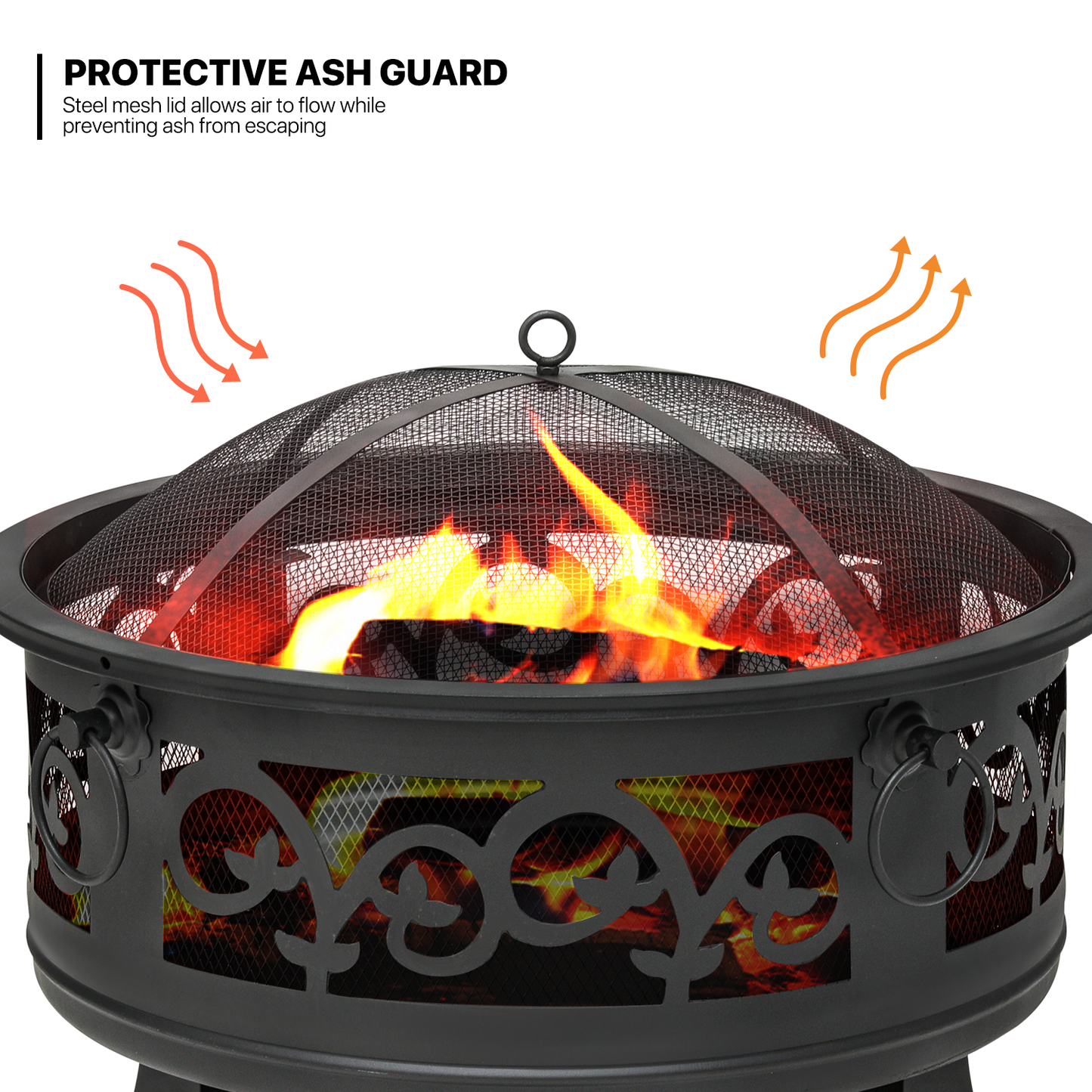 26" Floral Pattern Round Fire Pit w/Poker & Spark Screen