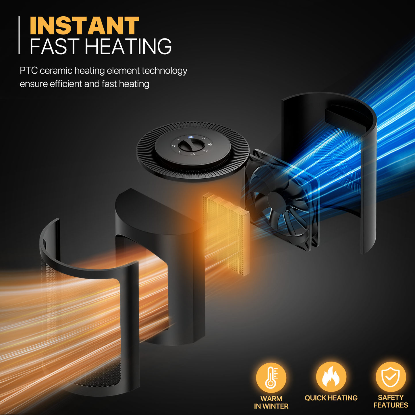 1500W Electric 3 Modes Cylindrical PTC 160 sq.ft Space Heater