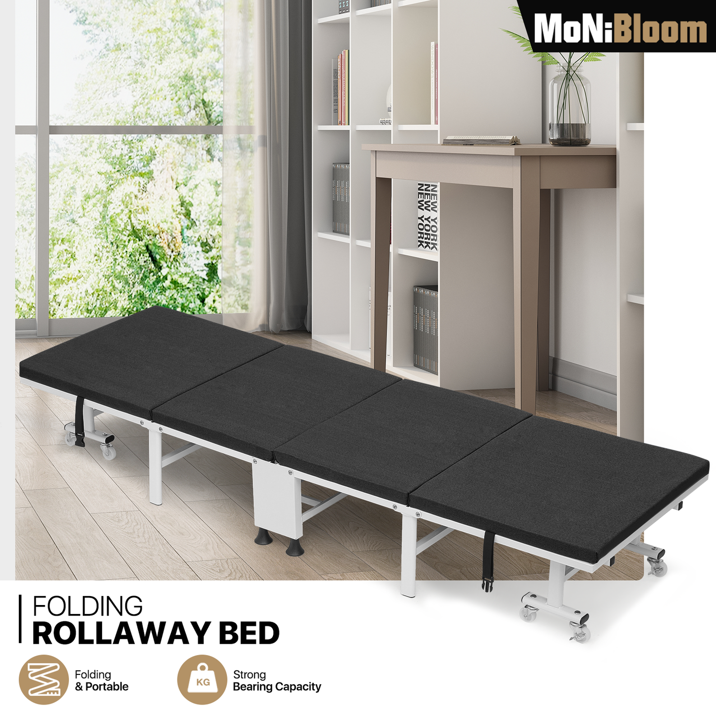 Folding Rollway Sleeping Bed - Camping Cot - 74'' Length - w/1.5'' Thick Mattress+8 Wheels+Dust Cover