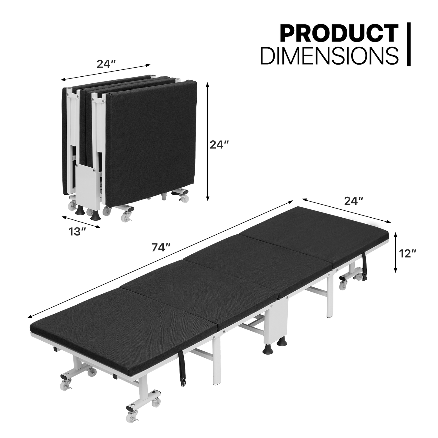 Folding Rollway Sleeping Bed - Camping Cot - 74'' Length - w/1.5'' Thick Mattress+8 Wheels+Dust Cover