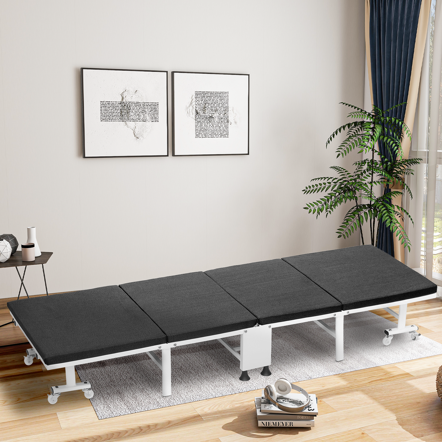 Folding Rollway Sleeping Bed - Camping Cot - 74'' Length - w/1.5'' Thick Mattress+8 Wheels+Dust Cover