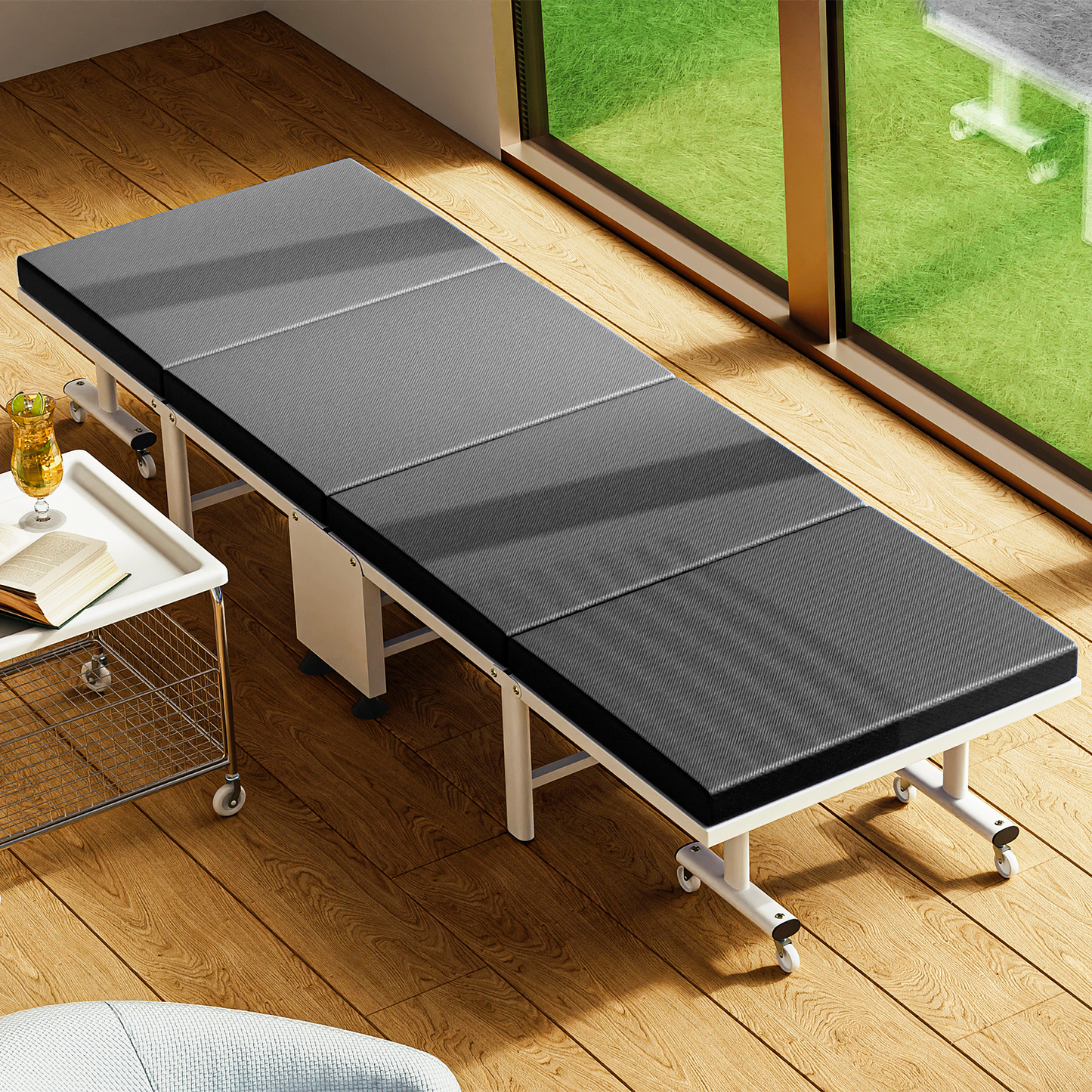 Folding Rollway Sleeping Bed - Camping Cot - 74'' Length - w/1.5'' Thick Mattress+8 Wheels+Dust Cover