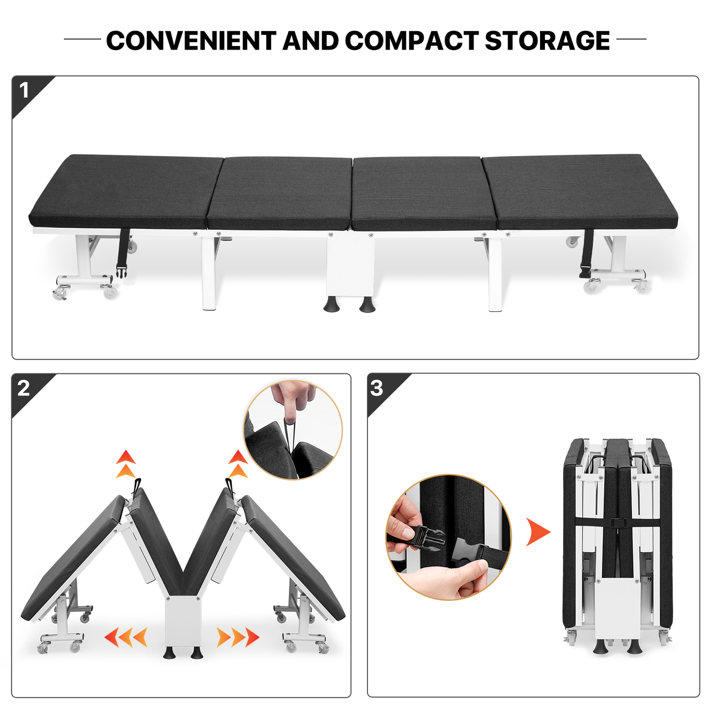 Folding Rollway Sleeping Bed - Camping Cot - 74'' Length - w/1.5'' Thick Mattress+8 Wheels+Dust Cover