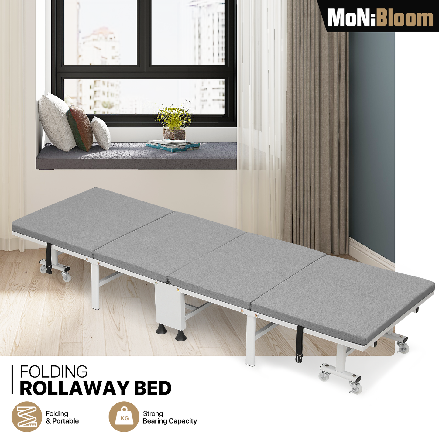 Folding Rollway Sleeping Bed - Camping Cot - 74'' Length - w/1.5'' Thick Mattress+8 Wheels+Dust Cover