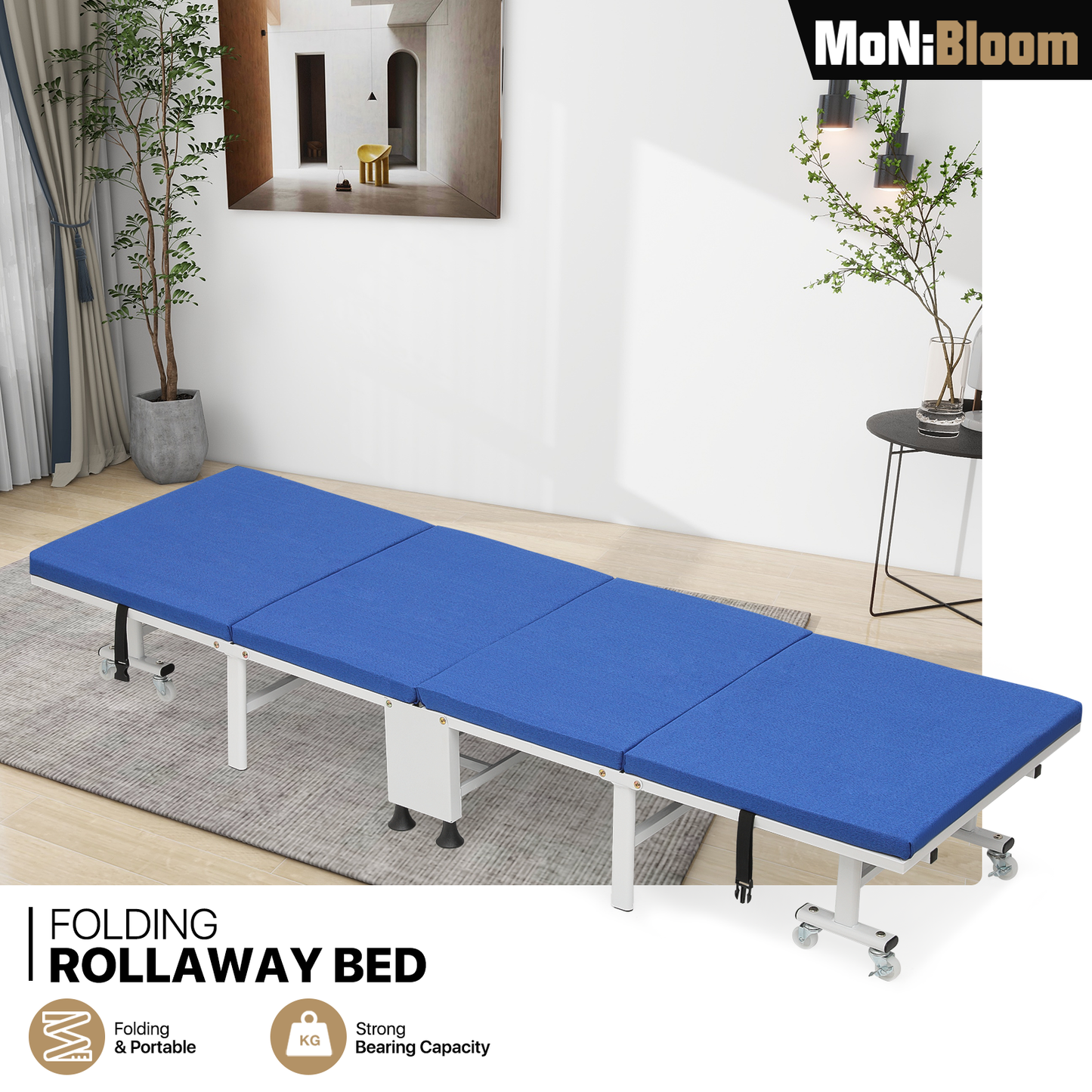 Folding Rollway Sleeping Bed - Camping Cot - 74'' Length - w/1.5'' Thick Mattress+8 Wheels+Dust Cover