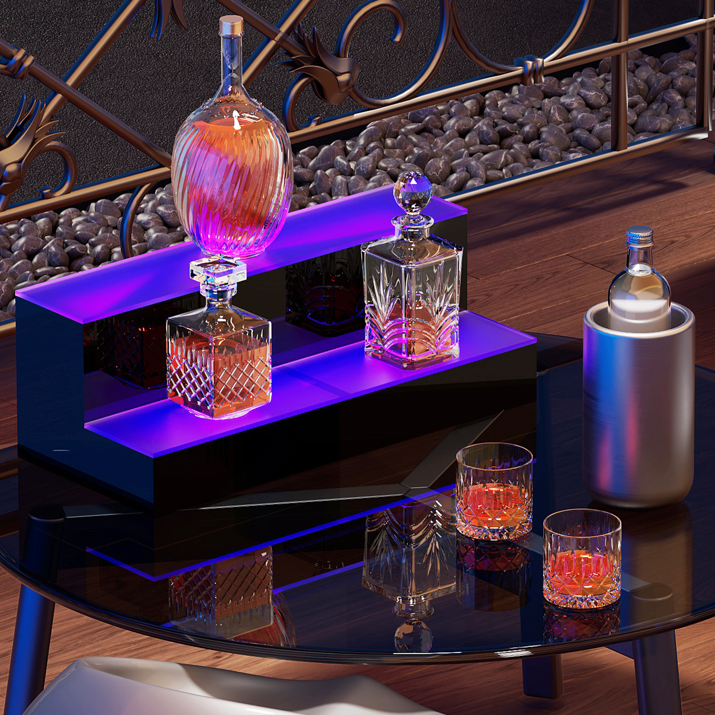 16" LED Lighted 2 Tier Back Pub Bar Liquor Bottle Display Shelf w/Remote Control