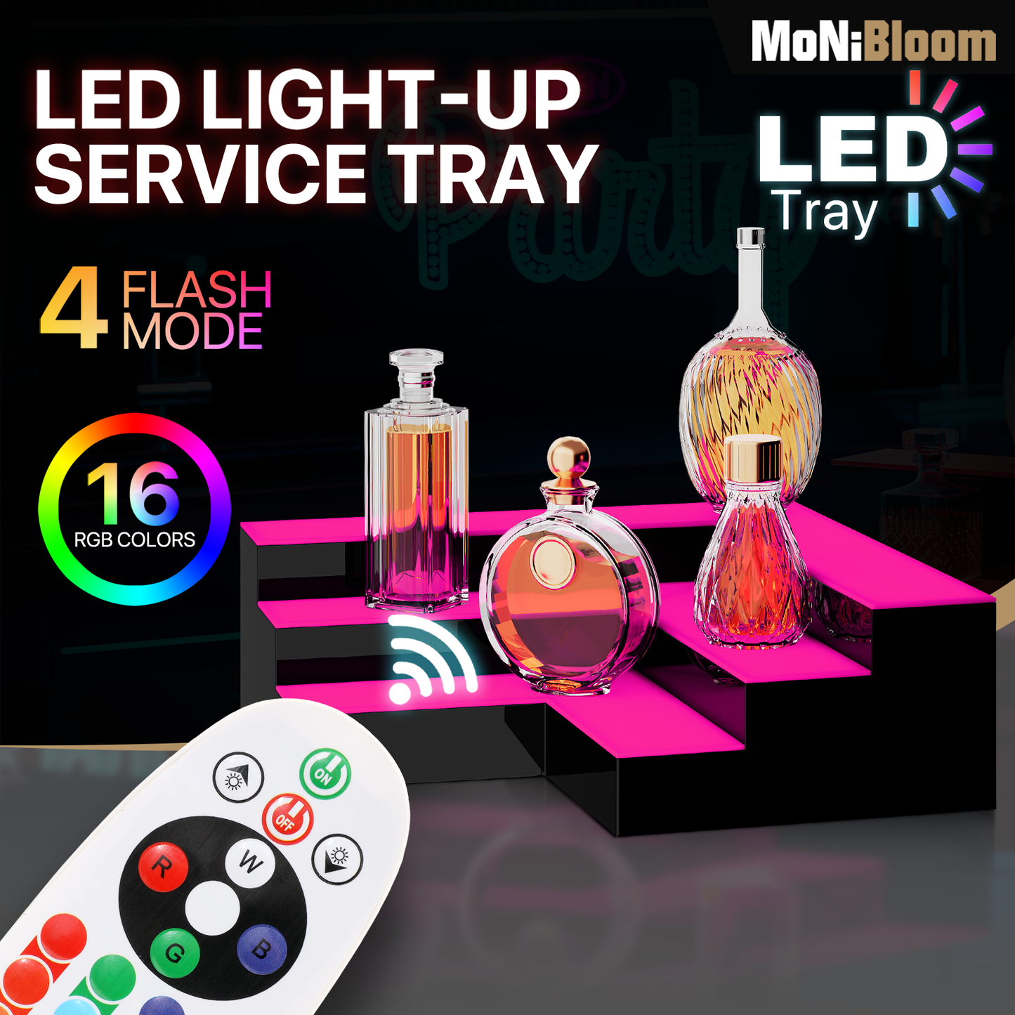 16" LED Lighted Shelving 2 Step Bar Liquor Bottle Display Shelf w/Remote Control