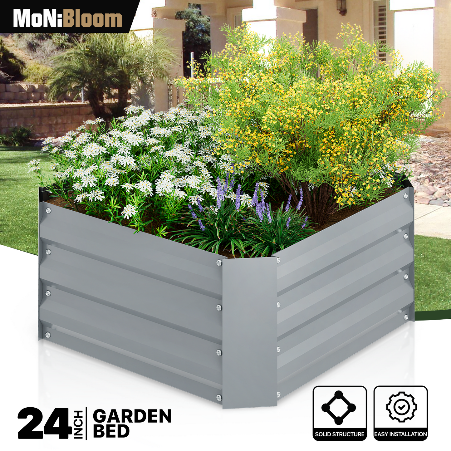 12"H Patio Metal Raised Garden Bed Kit Vegetable Flower Planter 24" Square Box