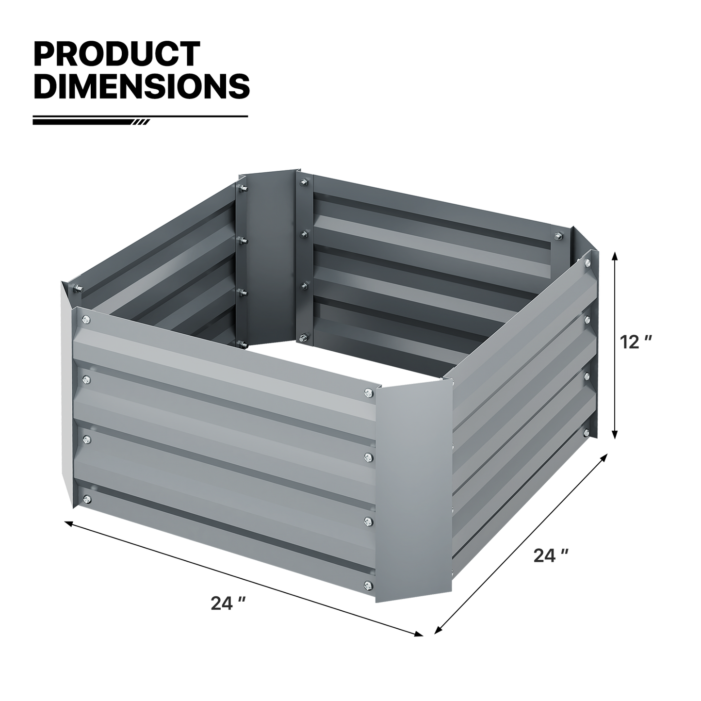 12"H Patio Metal Raised Garden Bed Kit Vegetable Flower Planter 24" Square Box
